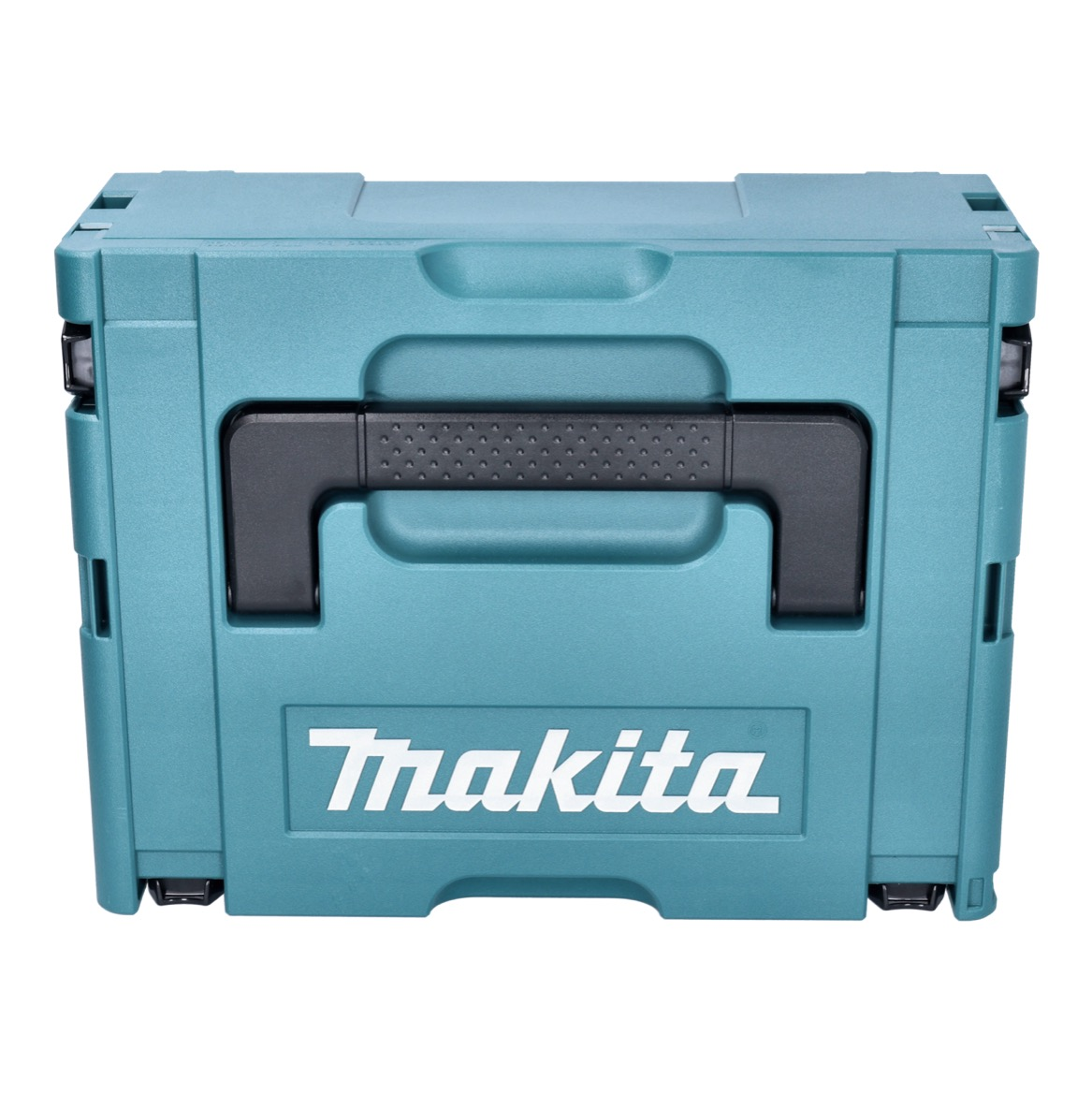 Eine türkisfarbene Makita-Werkzeugbox mit schwarzem Griff und weißem Makita-Logo. Sie hat Räder und ein Faltendesign.