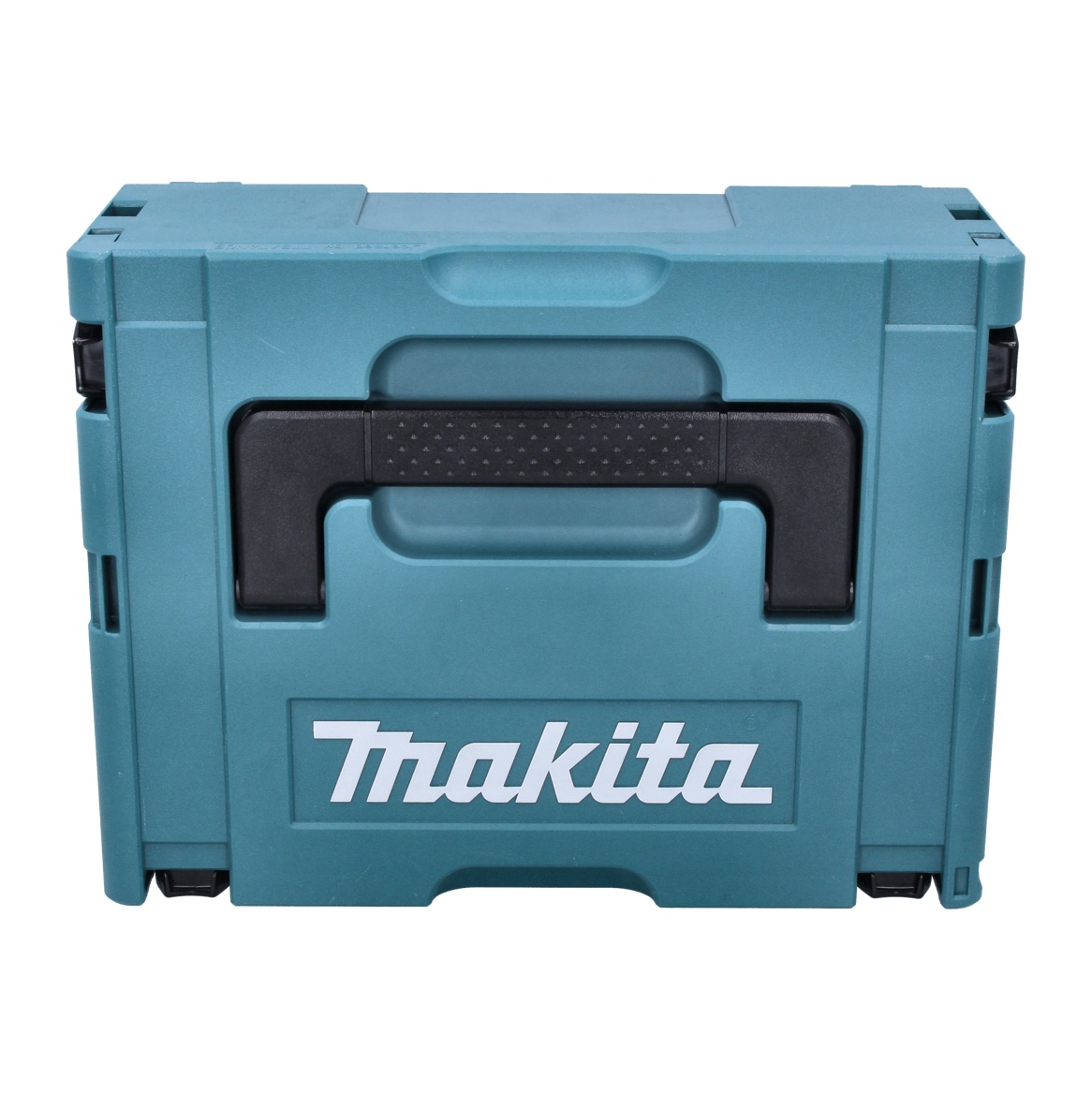 Eine türkisfarbene Makita-Aufbewahrungsbox mit schwarzem Griff und weißem Markennamen. Auf weißem Hintergrund.