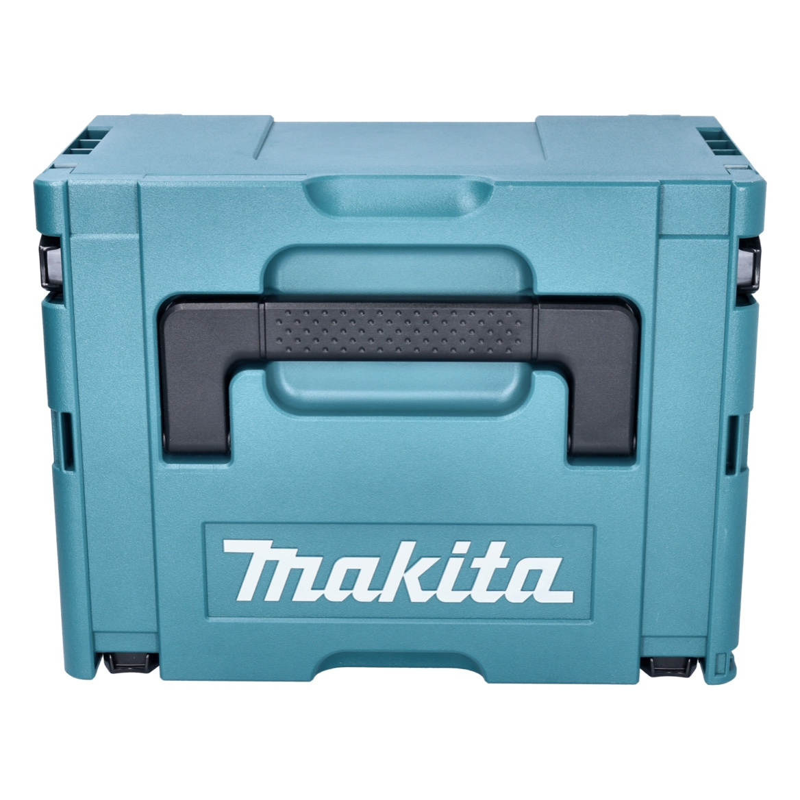 Eine türkisfarbene Makita-Werkzeugkiste mit schwarzem Griff und Makita-Logo. Die Box ist geschlossen und hat Räder.