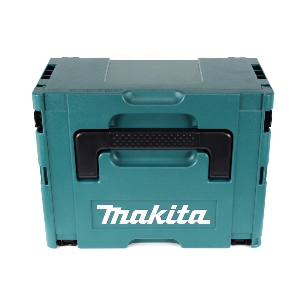 Eine türkisfarbene Makita-Werkzeugkiste mit schwarzem Griff. Das Makita-Logo ist weiß und prominent auf der Vorderseite.