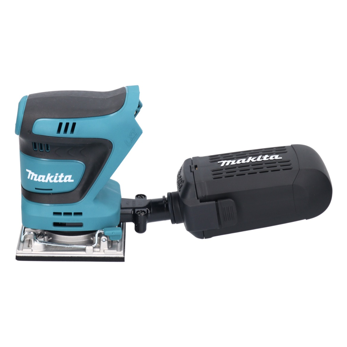 Ein türkis-schwarzer Makita-Schleifer. Er hat eine rechteckige Basis, einen Körper mit dem Makita-Logo und einen angebrachten schwarzen Staubabscheider.