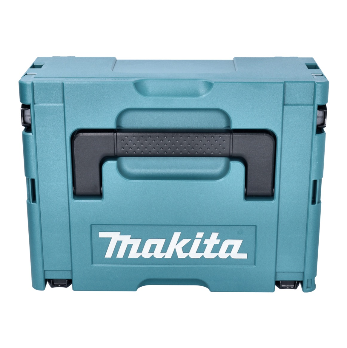 Eine türkisfarbene Makita-Werkzeugbox mit schwarzem Griff und weißem Makita-Logo. Die Werkzeugbox steht auf weißem Hintergrund.