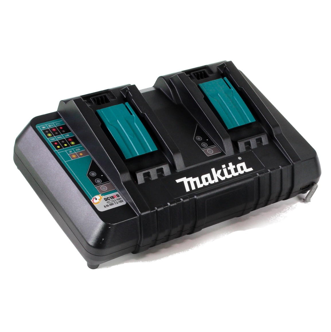 Schwarzes Makita-Batterieladegerät mit grünen Akzenten. Verfügt über zwei Ladeschlitze und Kontrollleuchten. Weißer Hintergrund.
