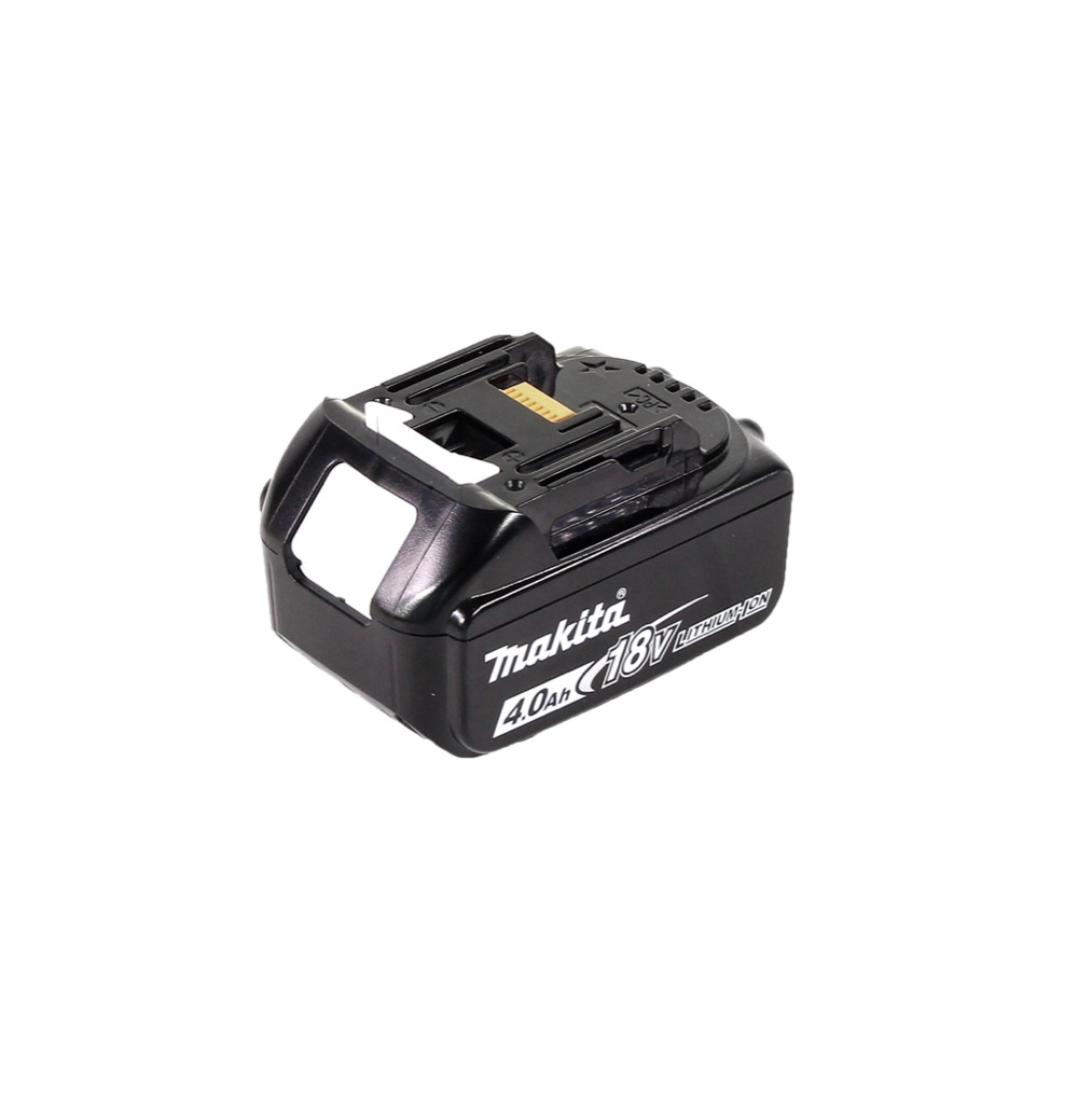 Ein schwarzer Makita 18V 4.0Ah Lithium-Ionen-Akku. Der Akku befindet sich auf weißem Hintergrund. Das Makita-Logo ist sichtbar.