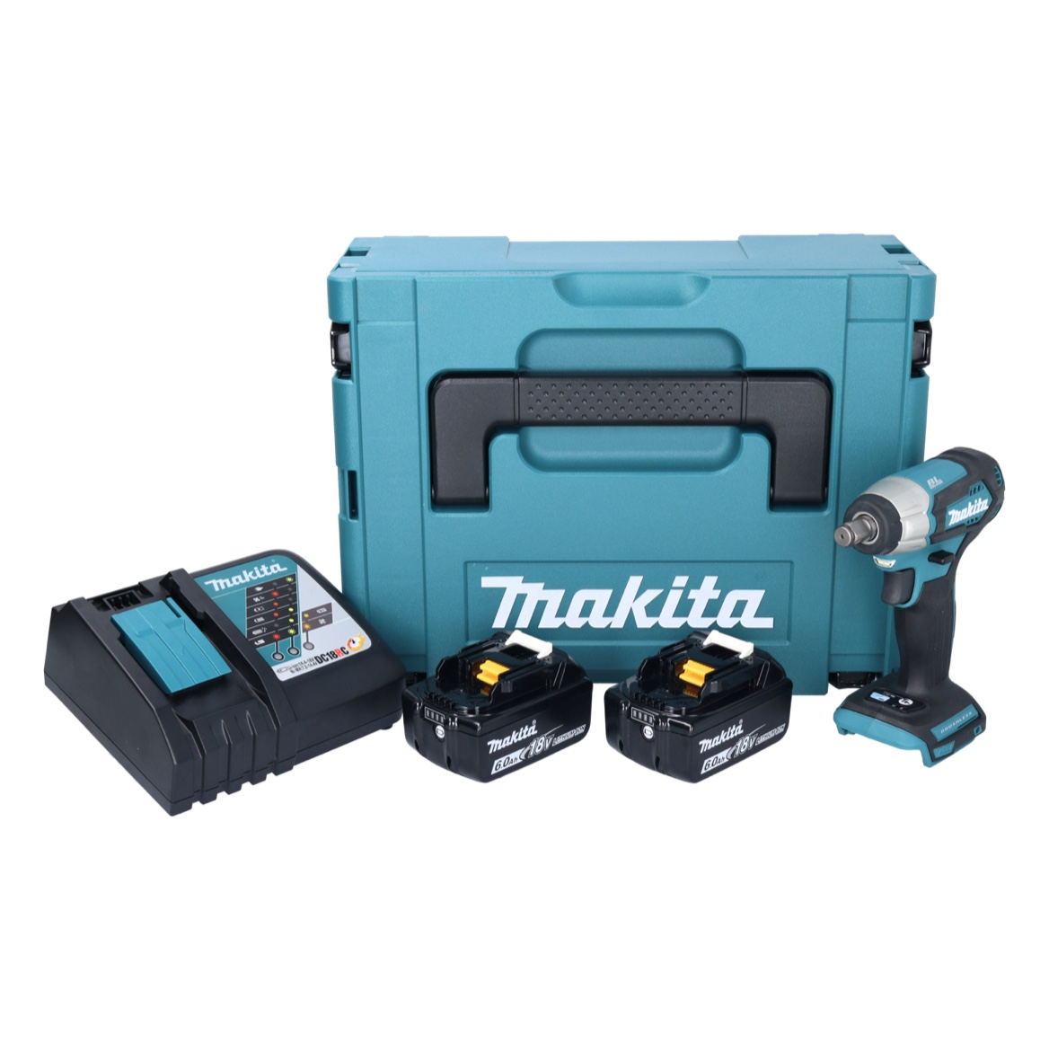 Ein Makita-Werkzeugset auf weißem Hintergrund. Enthält eine türkisfarbene Box, einen Schlagschrauber, ein Ladegerät und zwei Batterien.