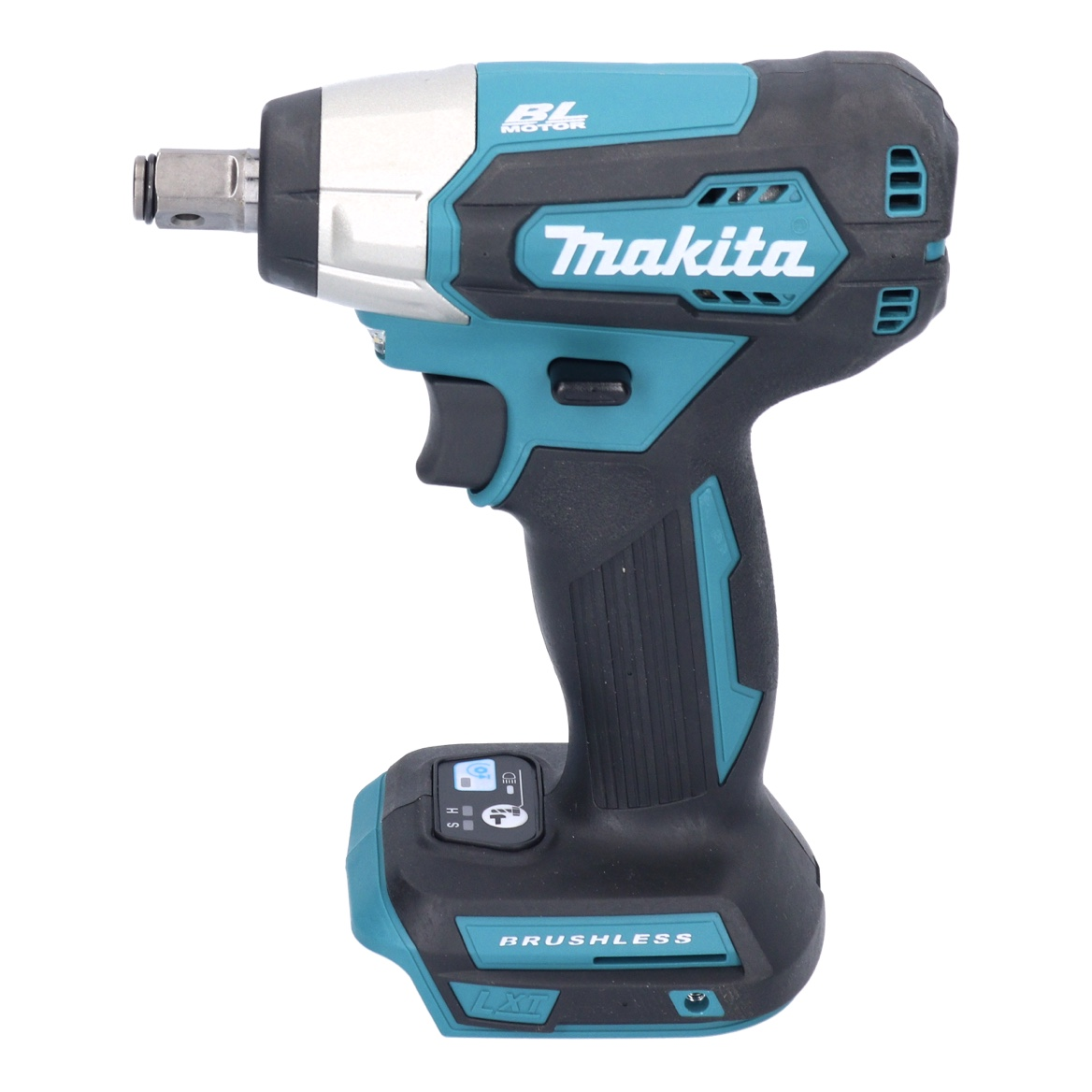 Ein kabelloser Makita-Schlagschrauber. Er hat ein schwarz-türkisfarbenes Gehäuse mit silbernen Akzenten. Der Griff ist ergonomisch und die Batterie befindet sich an der Basis.