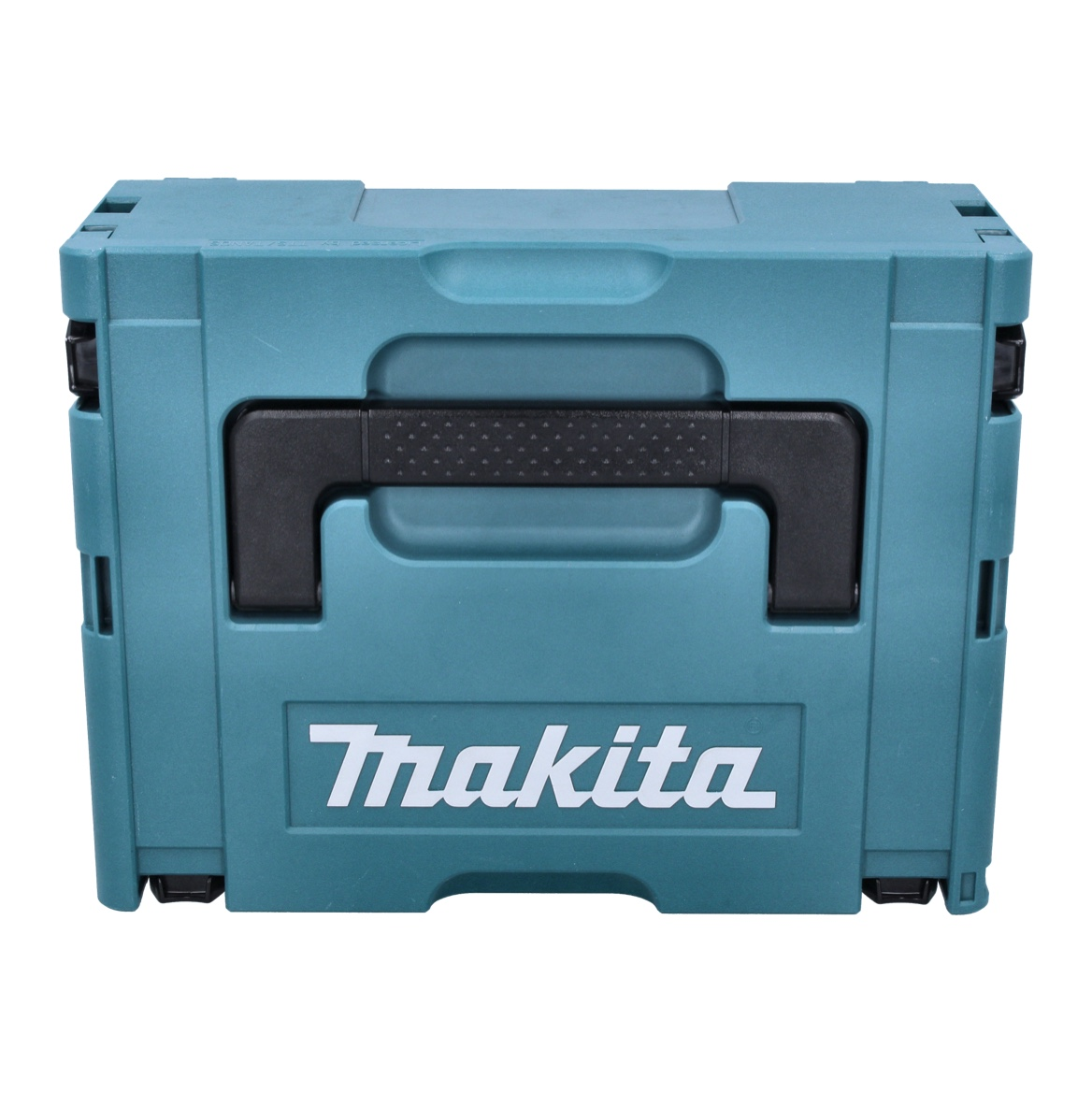 Eine türkisblaue Makita-Werkzeugkiste. Sie hat einen schwarzen Griff und das Makita-Logo in Weiß. Der Hintergrund ist weiß.