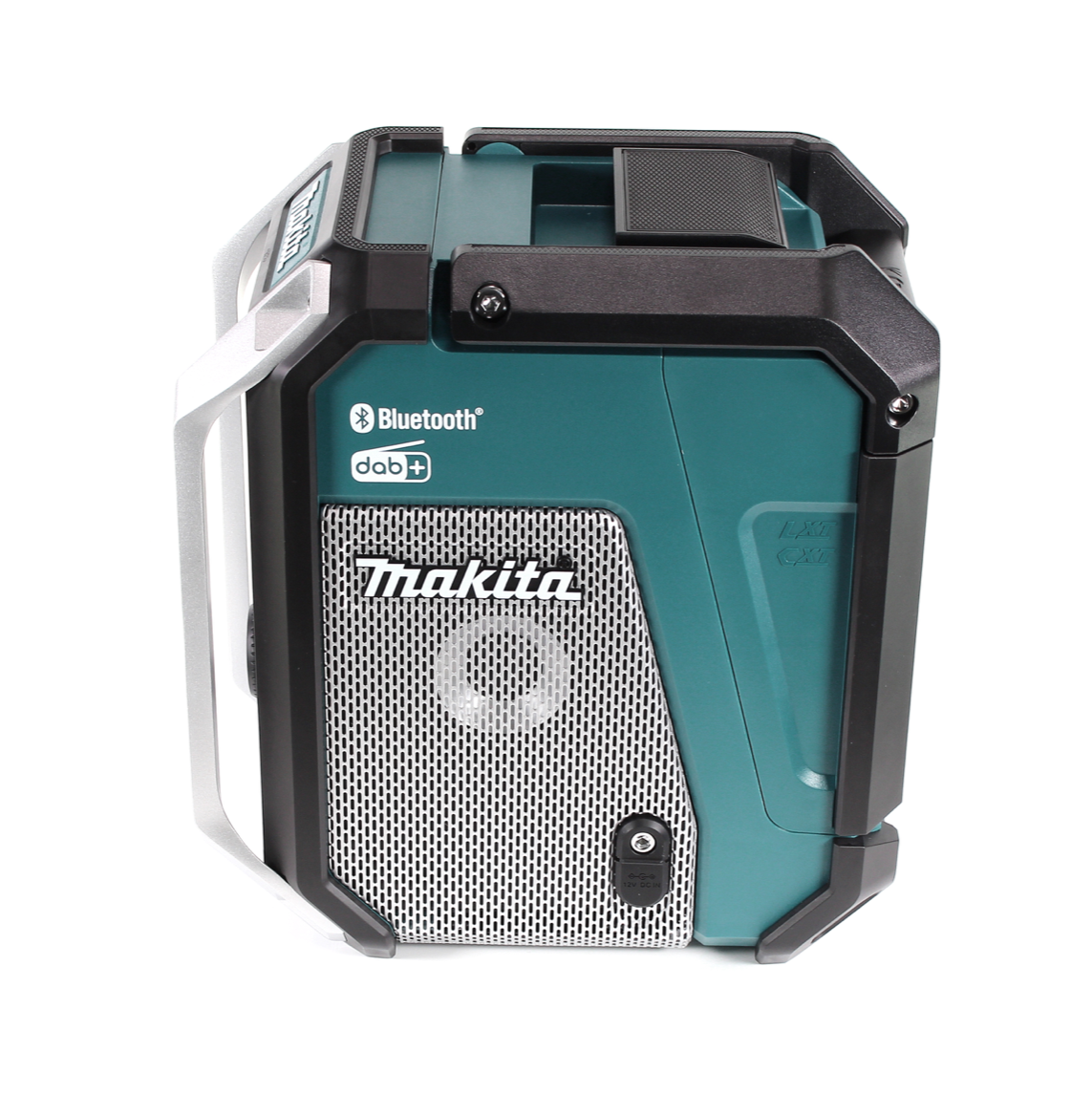 Makita Bluetooth DAB+ Radio. Türkis und schwarz mit silbernem Griff. Die Vorderseite hat einen Lautsprechergrill und das Makita-Logo.