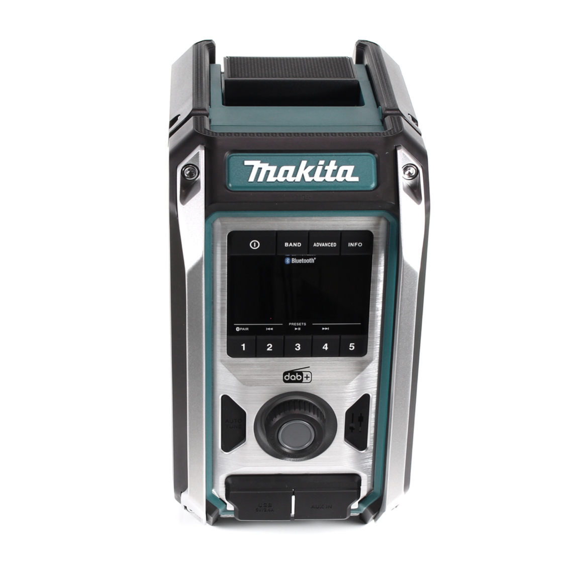 Ein Makita-Radio mit schwarzem und blaugrünem Design. Es hat einen Bildschirm, Knöpfe und einen großen Drehknopf. Das Radio steht vor weißem Hintergrund.