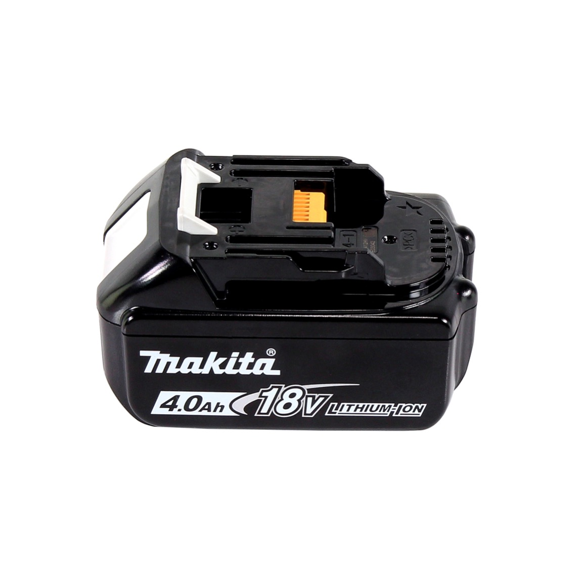 Ein schwarzer Makita 18V Lithium-Ionen-Akku. Er hat weiße Akzente, einen gelben Stecker und den Text '4.0Ah'.