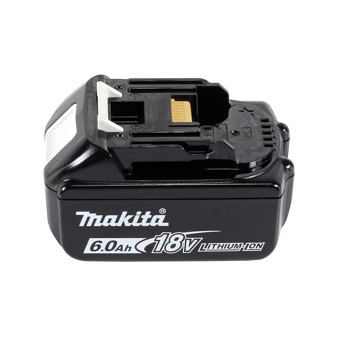 Ein schwarzer Makita 6.0Ah 18V Lithium-Ionen-Akku mit weißem Text und einem weißen Kunststoff-Oberteil, isoliert auf weißem Hintergrund.