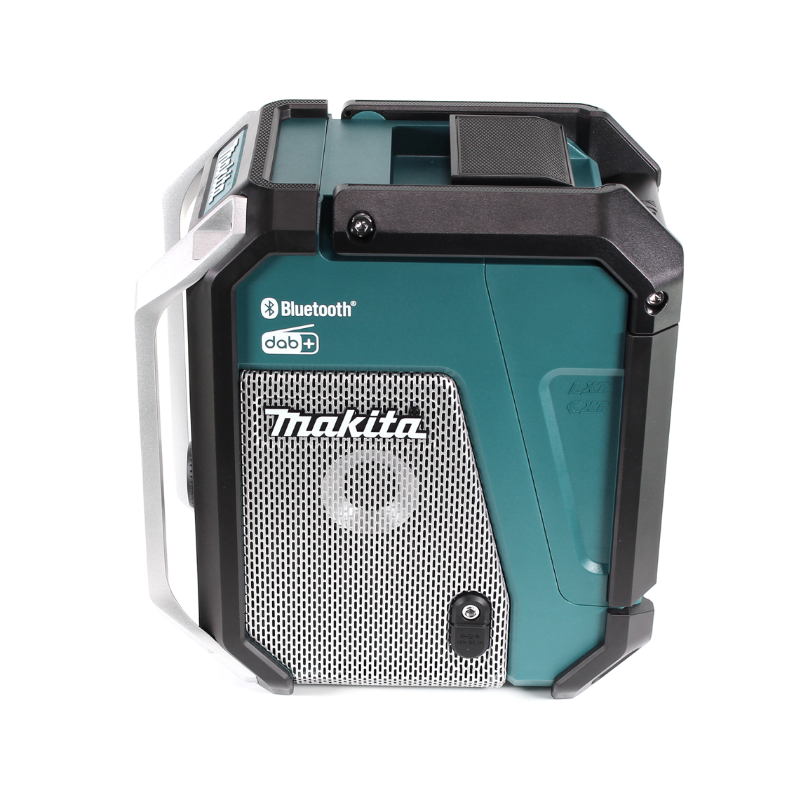 Makita Bluetooth-Lautsprecher, türkis und schwarz, mit silberfarbenem Griff. Verfügt über ein Lautsprechergitter und das Makita-Logo. DAB+ und Bluetooth-Logos sind sichtbar.
