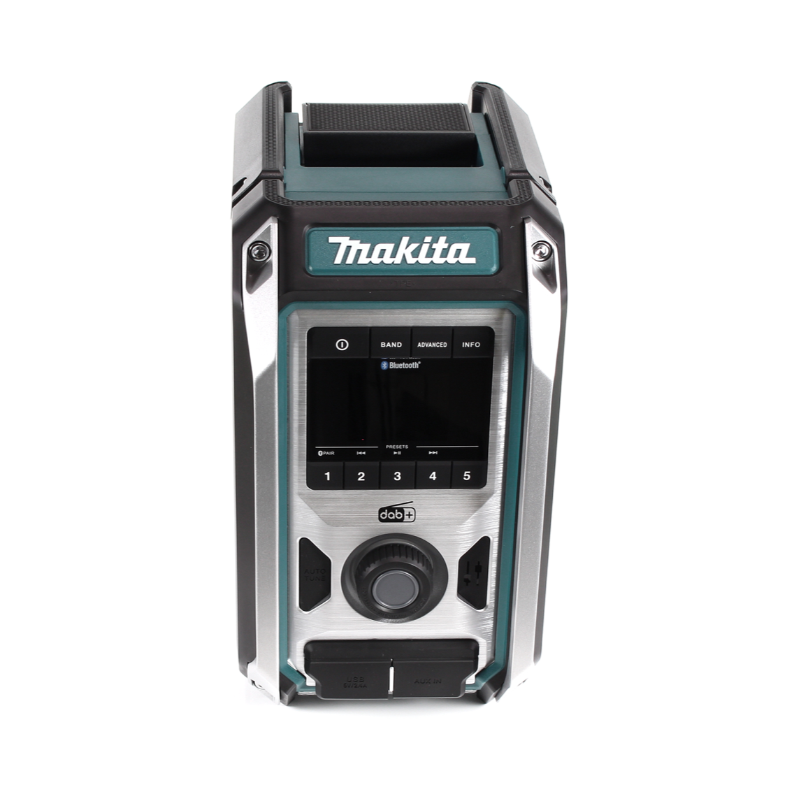 Makita-Radio. Schwarz, Silber und Türkis. Verfügt über ein digitales Display, Tasten und ein Rad. Bluetooth- und DAB+-Logos sind sichtbar.