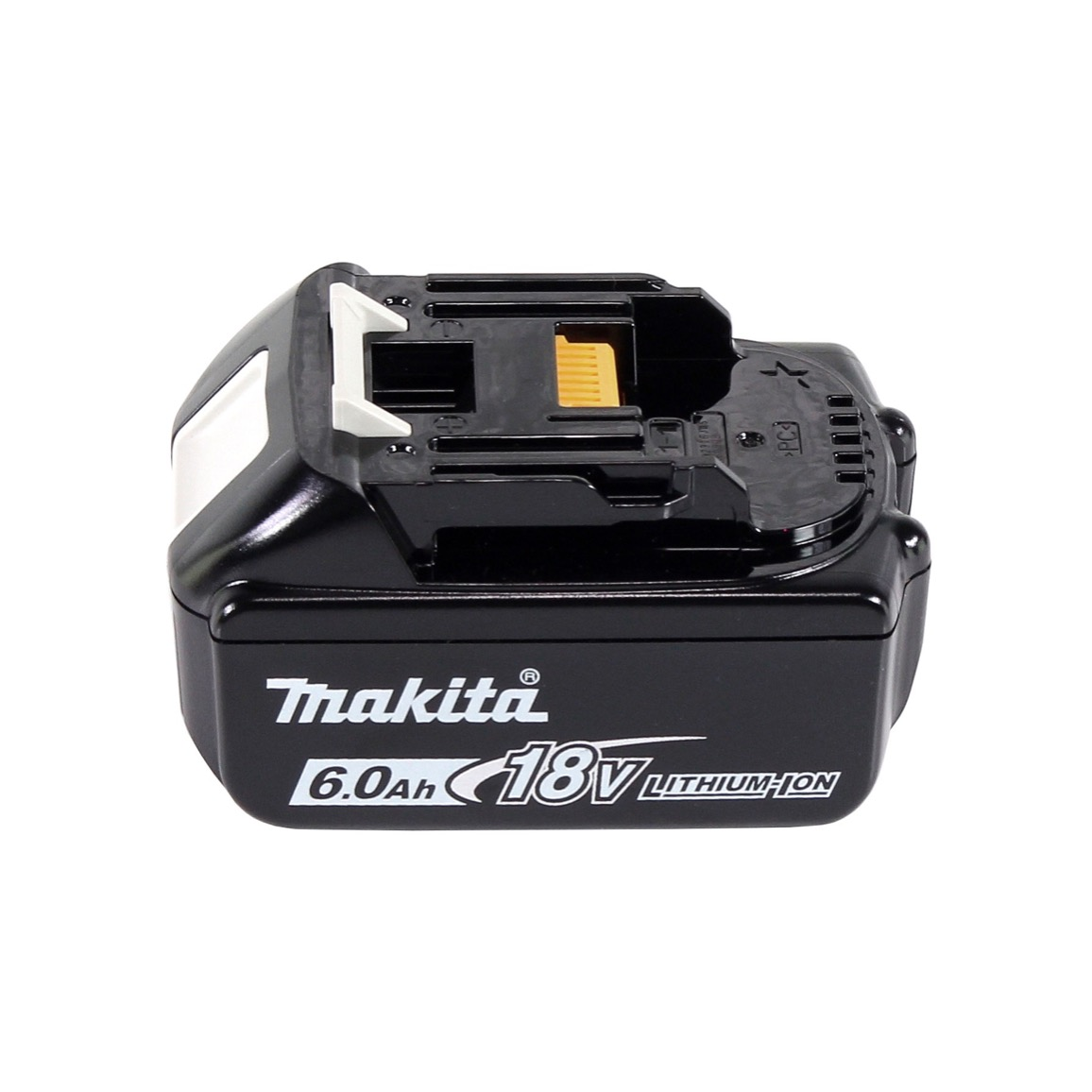 Ein schwarzer Makita 18V Lithium-Ionen-Akku. Er hat einen weißen oberen Teil und einen schwarzen Körper. Der Text lautet 6,0 Ah.