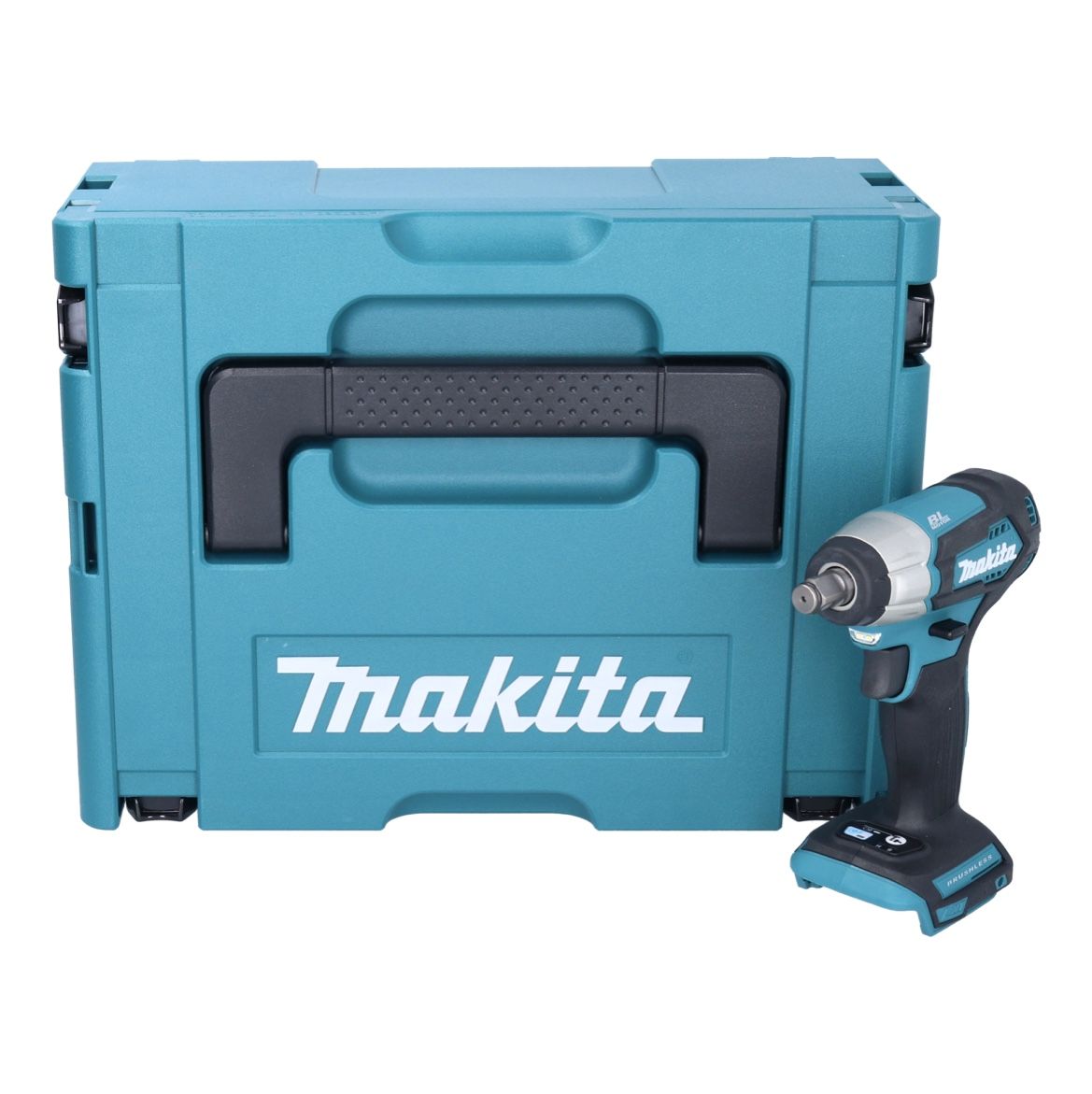 Eine türkisfarbene Makita-Werkzeugkiste und ein Schlagschrauber stehen auf weißem Hintergrund. Der Koffer hat einen schwarzen Griff, der Treiber ein schwarz-türkises Design.