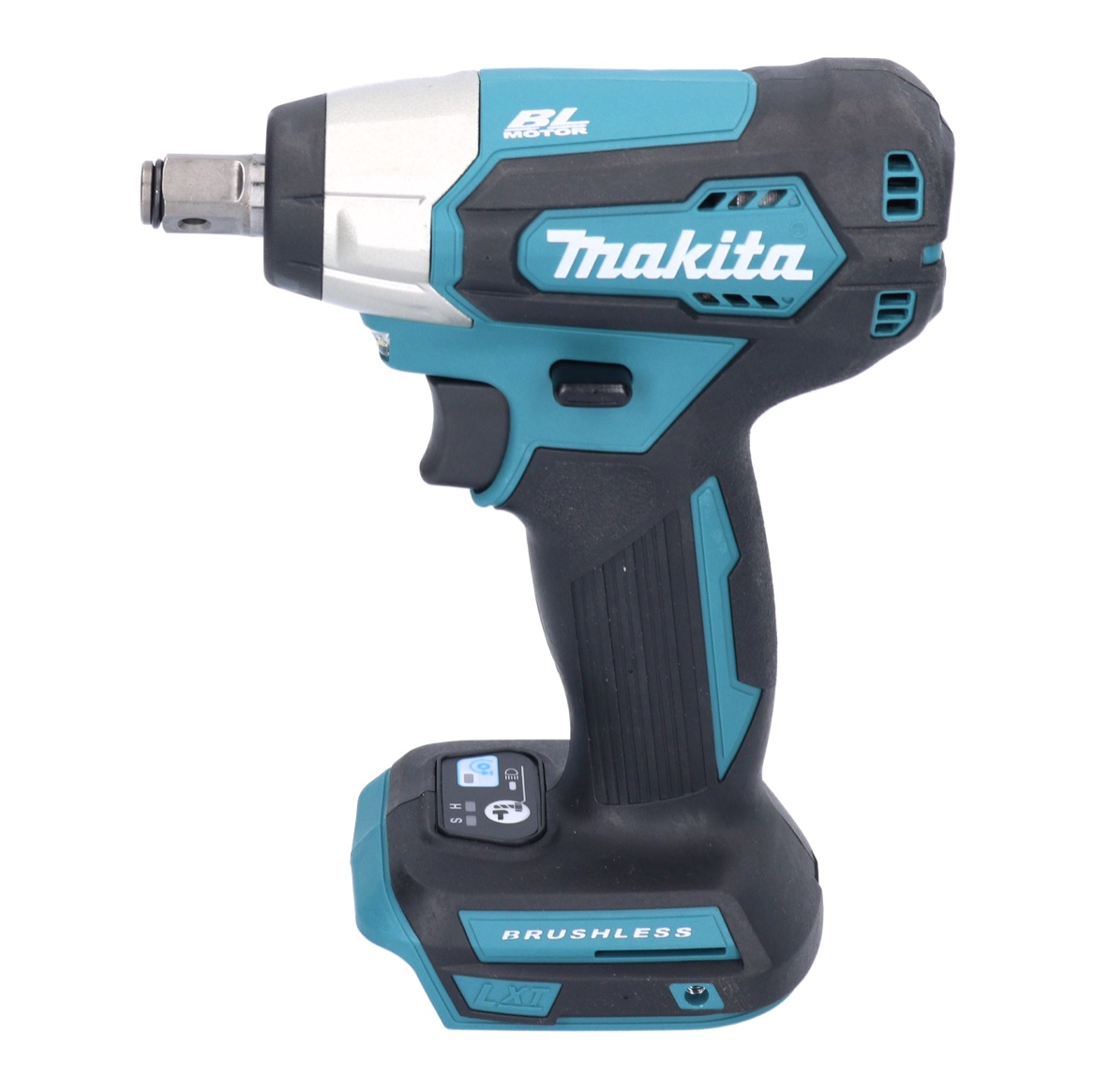 Makita Akku-Schlagschrauber. Türkis, Schwarz und Silber. Mit Auslöser, Batteriestandsanzeige und bürstenloser Technologie.