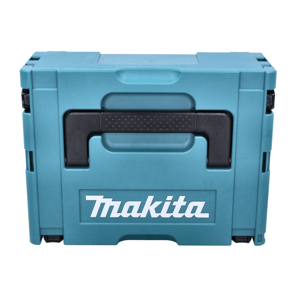 Ein geschlossener, hellblauer Makita Werkzeugkasten mit schwarzem Griff, isoliert auf weißem Hintergrund.