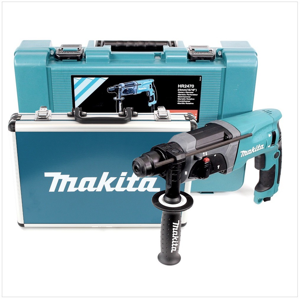 Ein türkisfarbener Makita-Bohrhammer mit seinem Koffer. Der Koffer ist teal und der Bohrer ist schwarz und teal, mit Makita-Branding.