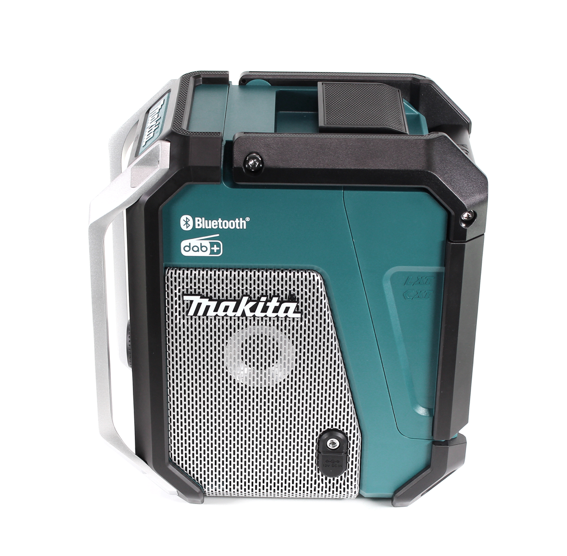 Makita Bluetooth-Radio. Türkis und Schwarz mit silbernem Griff. Mit Lautsprechergrill, Bluetooth- und dab+-Logos.