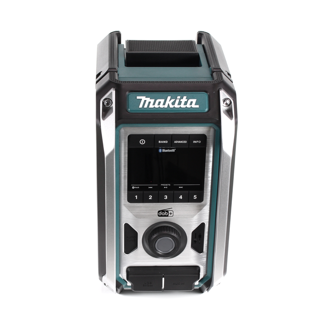 Ein Makita-Radio mit schwarzem und blaugrünem Design. Es hat einen Bildschirm, Knöpfe und ein Rad. Das Logo ist sichtbar.