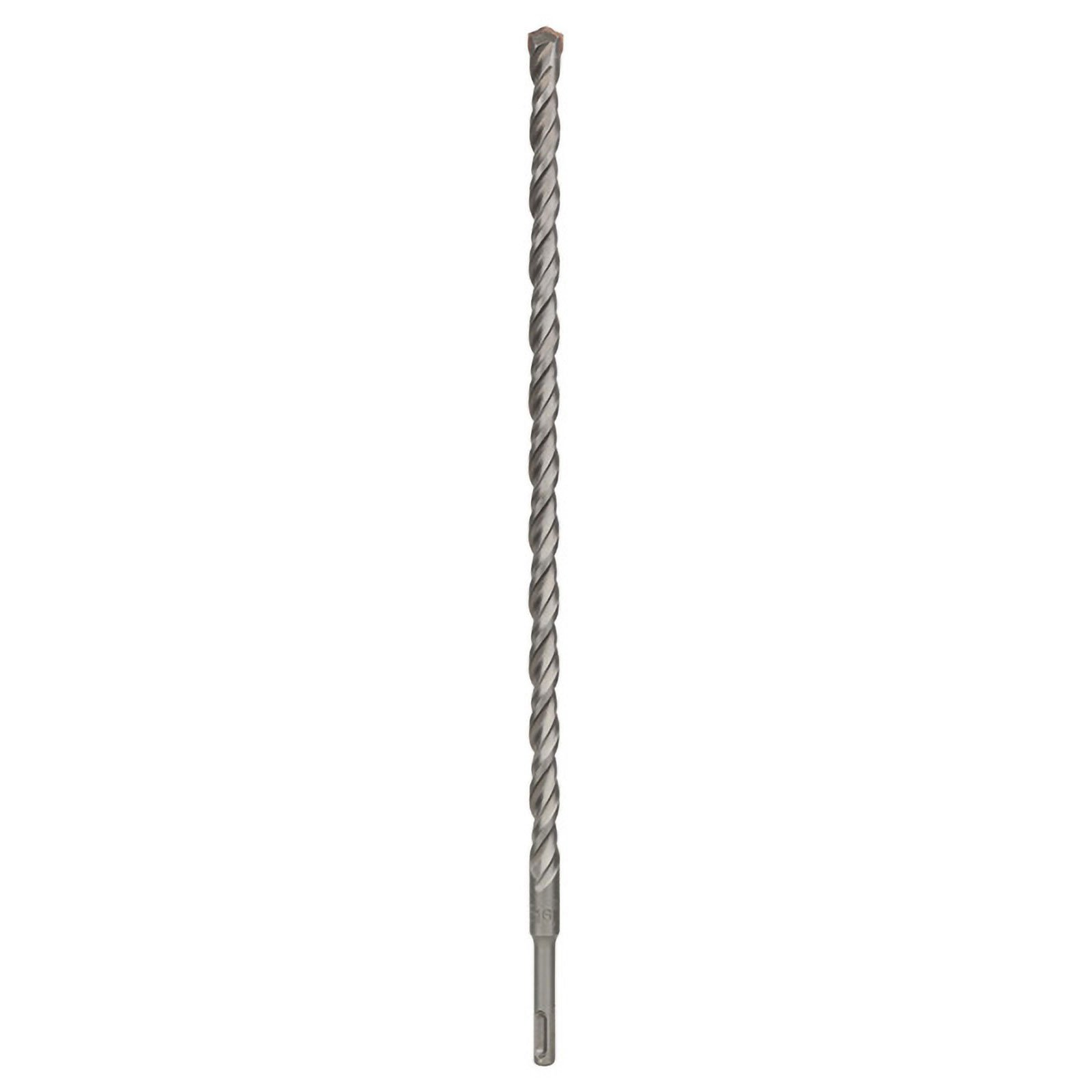 Una lunga punta da trapano argentata con un design a spirale, su sfondo bianco. La punta è grigio scuro.