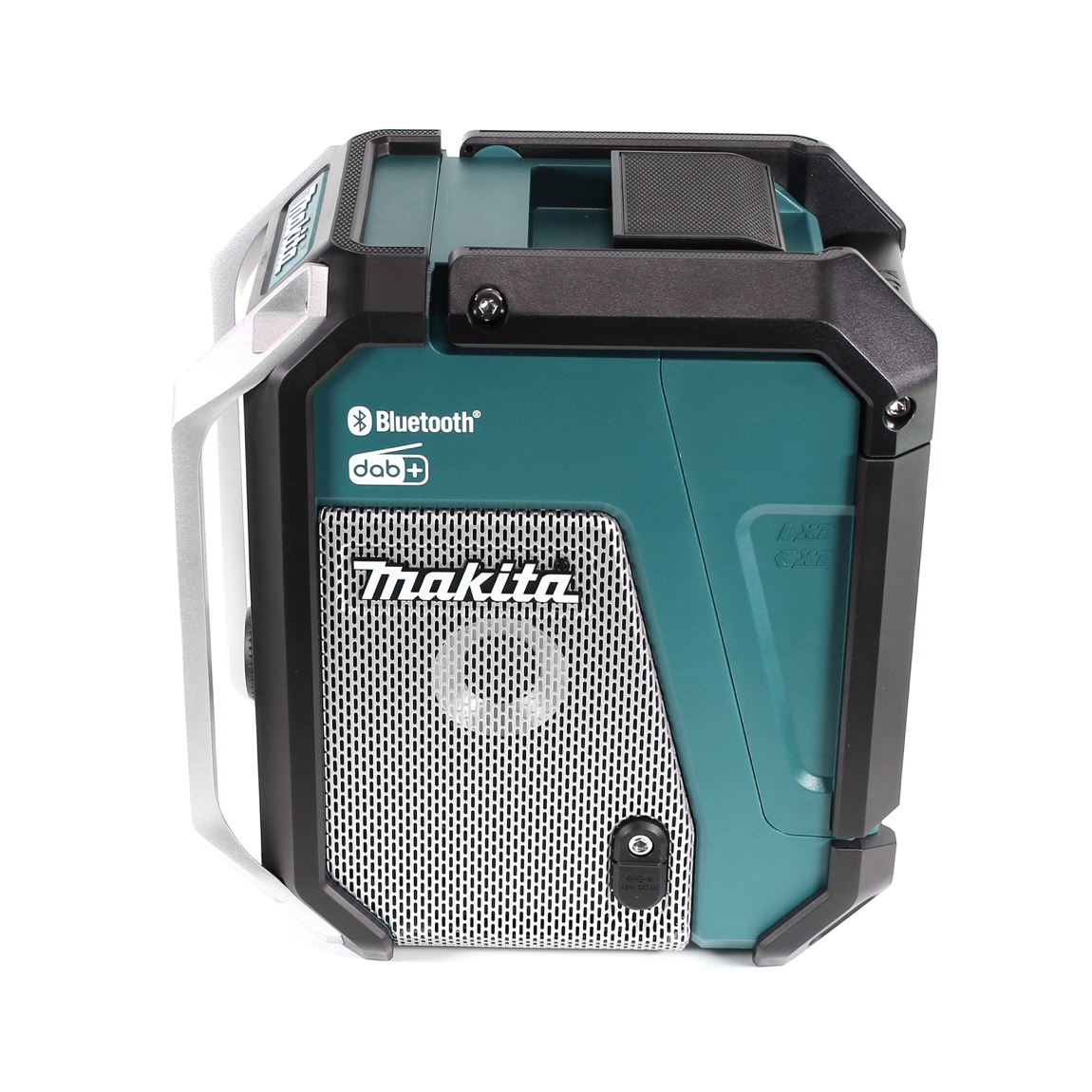 Ein teal-farbener und schwarzer Makita Bluetooth-Lautsprecher. Er hat einen silbernen Griff und ein metallisches Lautsprechergitter.