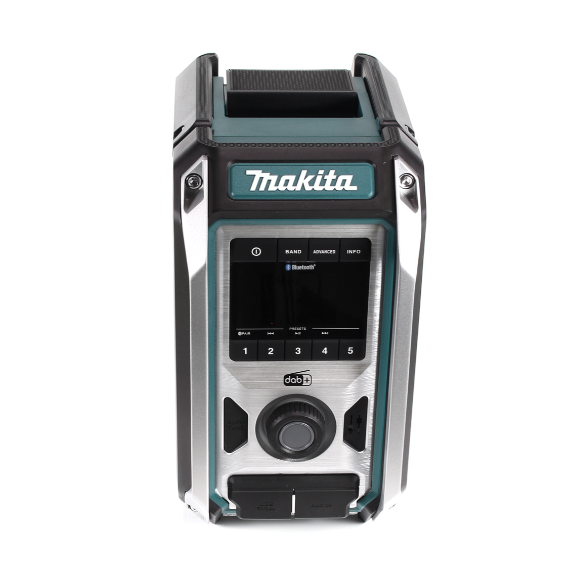 Ein Radio der Marke Makita. Silber, Schwarz und Türkis. Es hat ein digitales Display, Knöpfe und ein Rad. Der Markenname ist deutlich sichtbar.