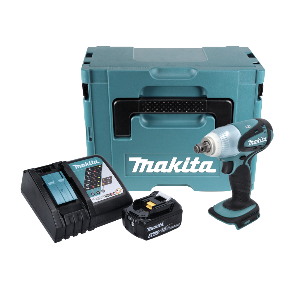 Ein teal Makita Elektrowerkzeugset auf Weiß. Enthält Bohrmaschine, Ladegerät, Akku und Aufbewahrungskoffer.