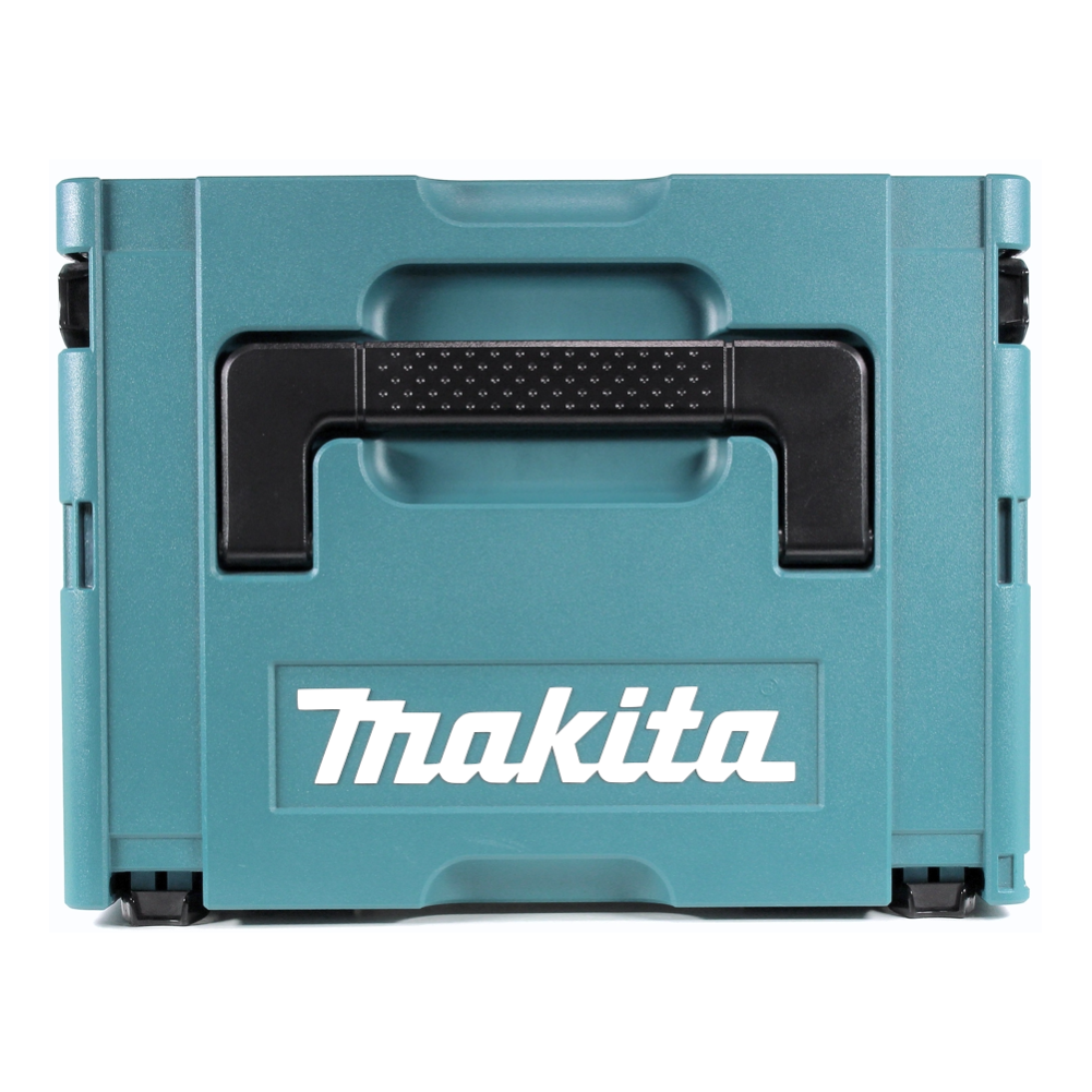 Eine türkisfarbene Makita-Werkzeugkiste mit schwarzem Griff und weißem Markennamen. Die Kiste steht vor weißem Hintergrund.