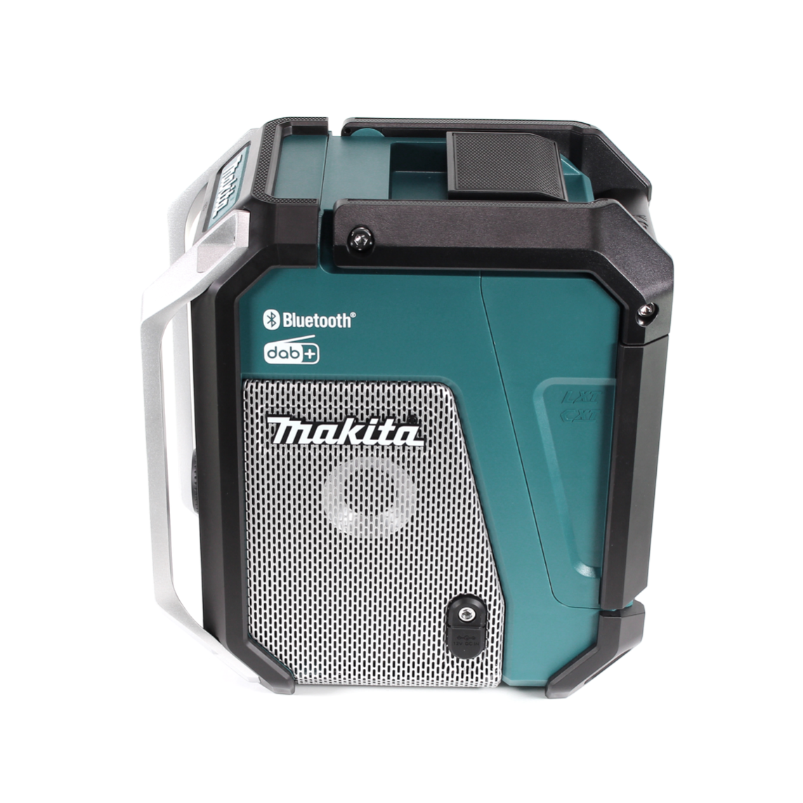 Makita Bluetooth-Radio. Türkis und Schwarz mit silbernen Akzenten. Mit Lautsprechergrill, Bluetooth- und DAB+-Logos.