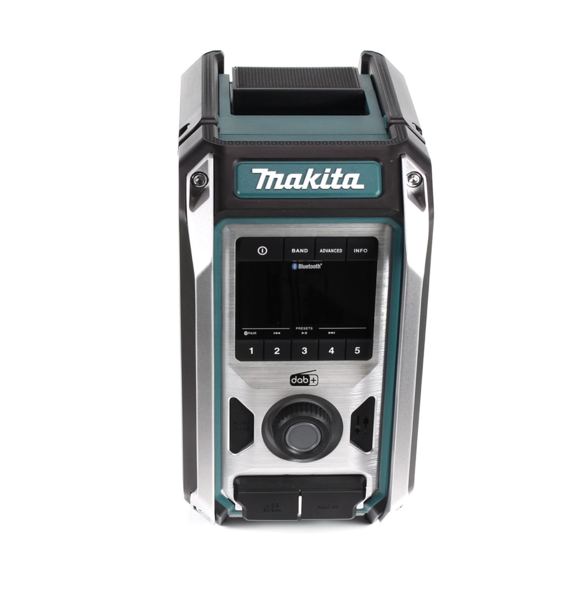 Makita-Radio. Türkis-silbernes Gehäuse, schwarzer Bildschirm mit Knöpfen und einem Drehregler. Mit Bluetooth, DAB+, USB und AUX.