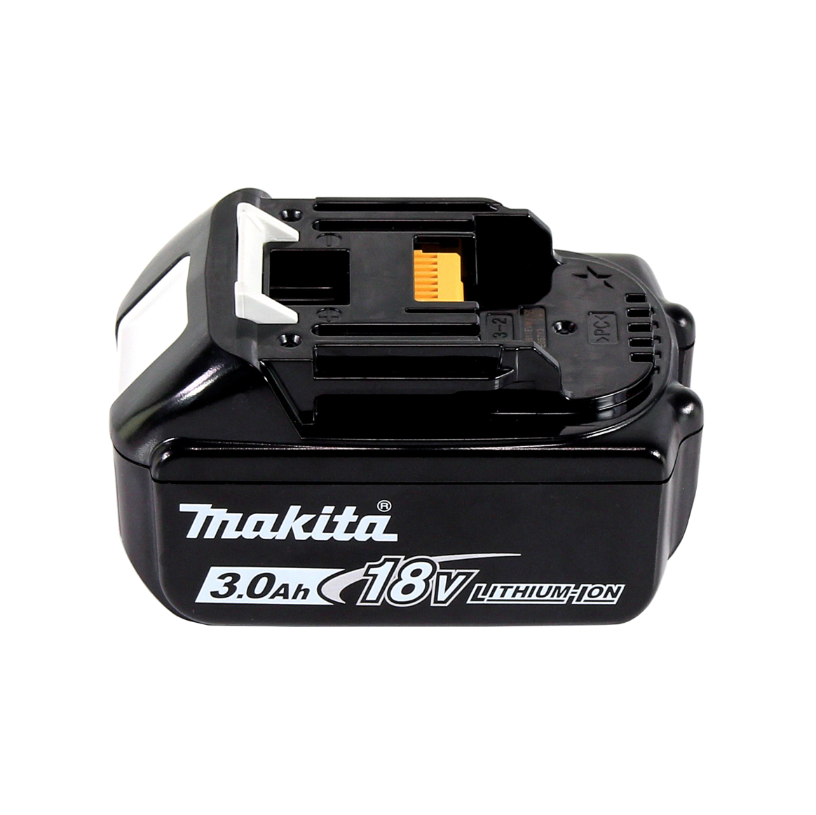 Ein schwarzer Makita 18V Lithium-Ionen-Akku. Er hat weißen Text mit Makita und 3.0Ah. Der Stecker ist orange.