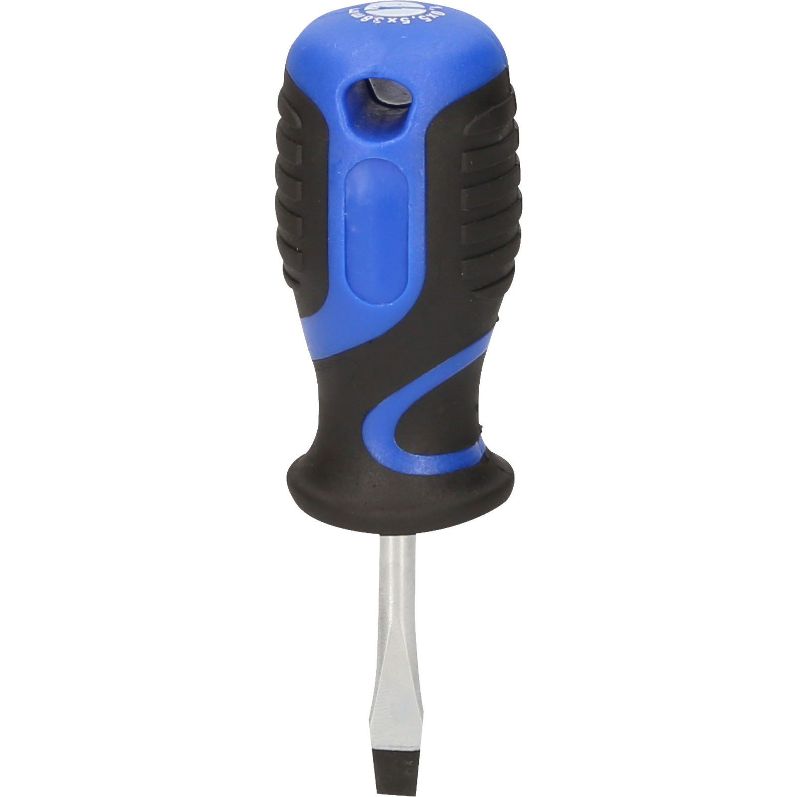 Ein Schraubendreher mit blauem und schwarzem Griff. Die Klinge ist flach und silberfarben. Der Hintergrund ist weiß.