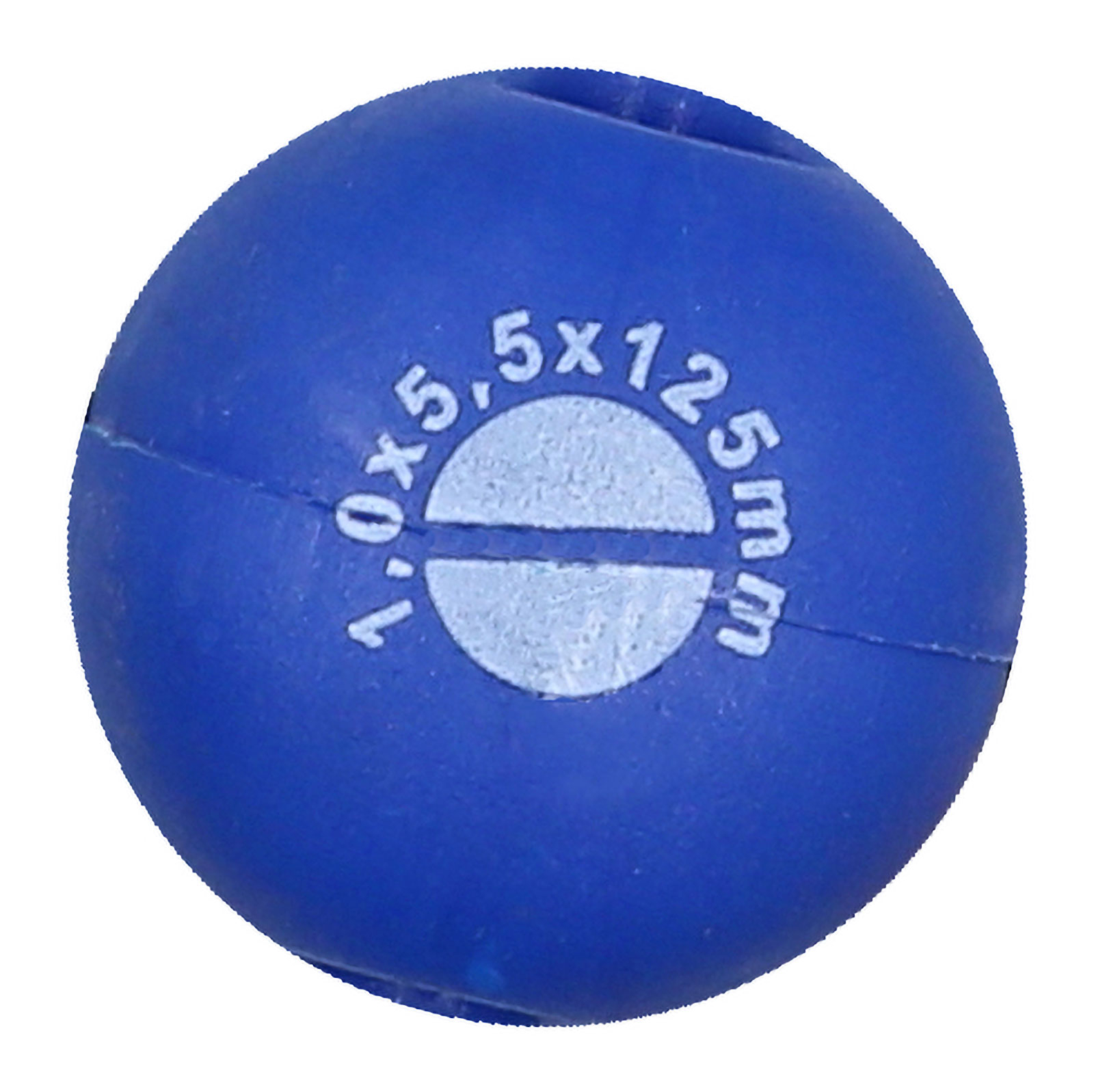 Ein blauer Ball mit einem weißen Kreis in der Mitte. Er hat Text um den Kreis herum mit der Aufschrift '1,0 x 5,5 x 12,5 mm'.