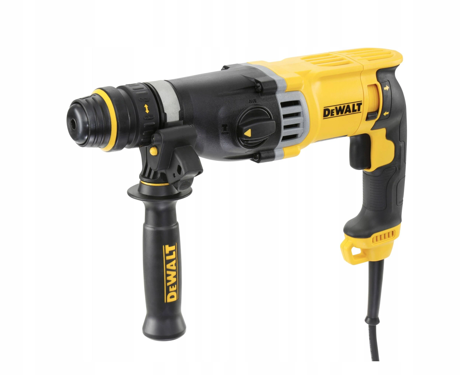 Ein gelb-schwarzer DeWalt-Bohrhammer. Er hat einen schwarzen Griff und Körper mit gelben Akzenten und dem DeWalt-Logo.