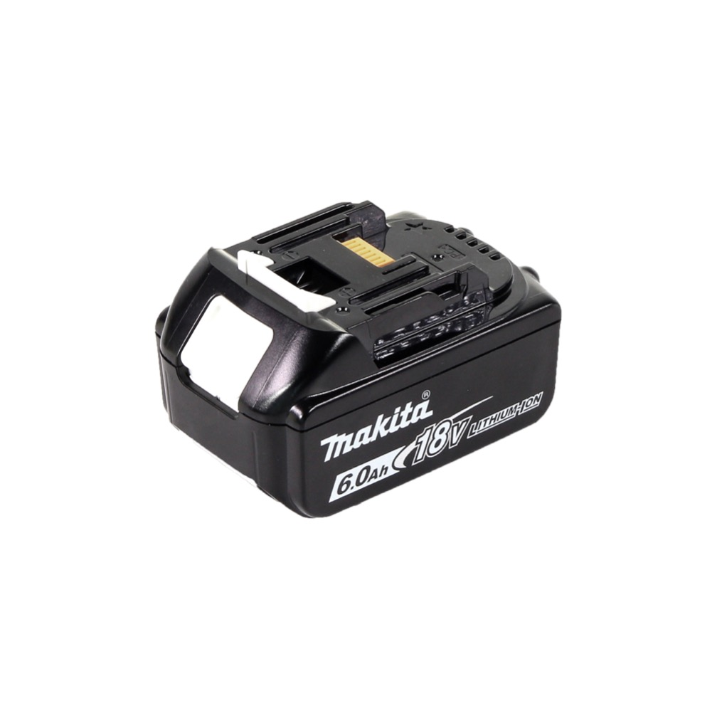 Ein schwarzer Makita 18V Lithium-Ionen-Akku. Der Akku hat ein weißes Etikett und Text mit der Aufschrift 'Makita 6.0Ah 18V Lithium-Ion'.