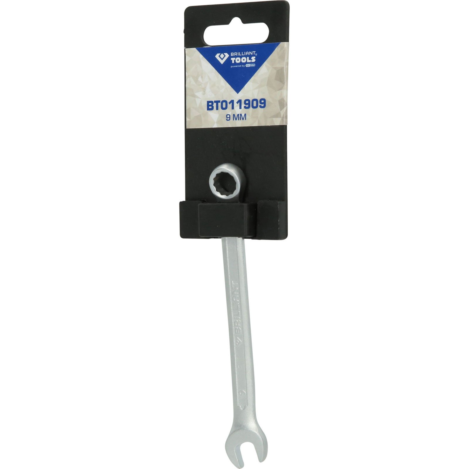 Ein Schraubenschlüssel-Werkzeug mit Verpackung. Der Schraubenschlüssel ist silberfarben, die Verpackung hat ein Markenlogo und den Text "BT011909 9 MM".