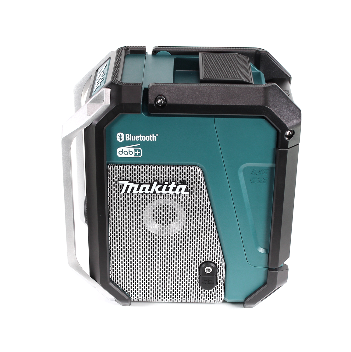 Ein türkis-schwarzes Makita Bluetooth-Radio. Es hat einen silbernen Griff und ein Lautsprechergitter. Der Hintergrund ist weiß.