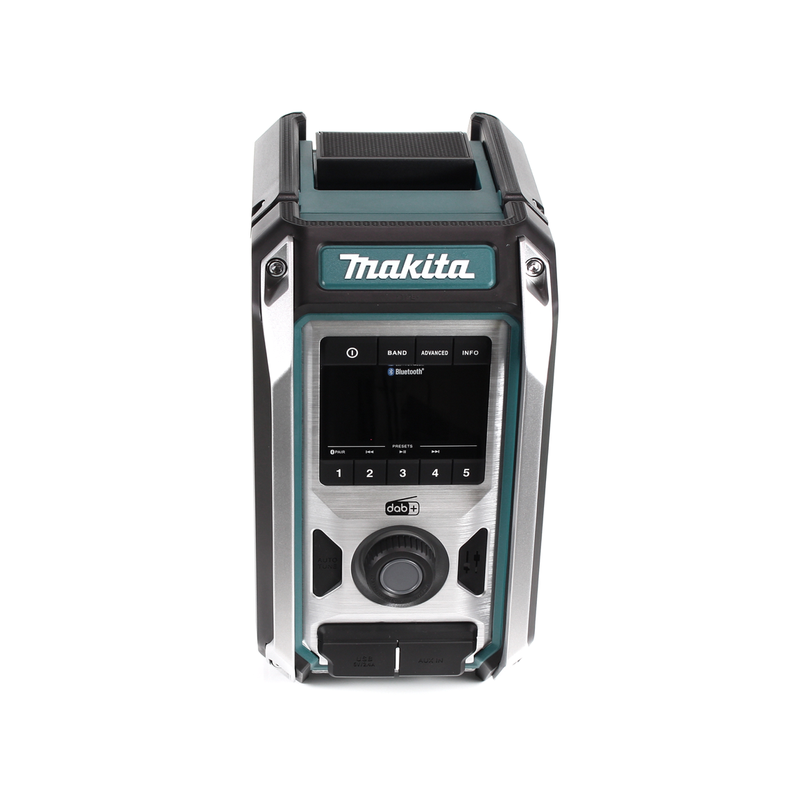 Ein Makita DAB+-Radio. Das Radio ist schwarz, teal und silber. Es hat einen Bildschirm, Knöpfe und ein Rad. Das Makita-Logo ist sichtbar.