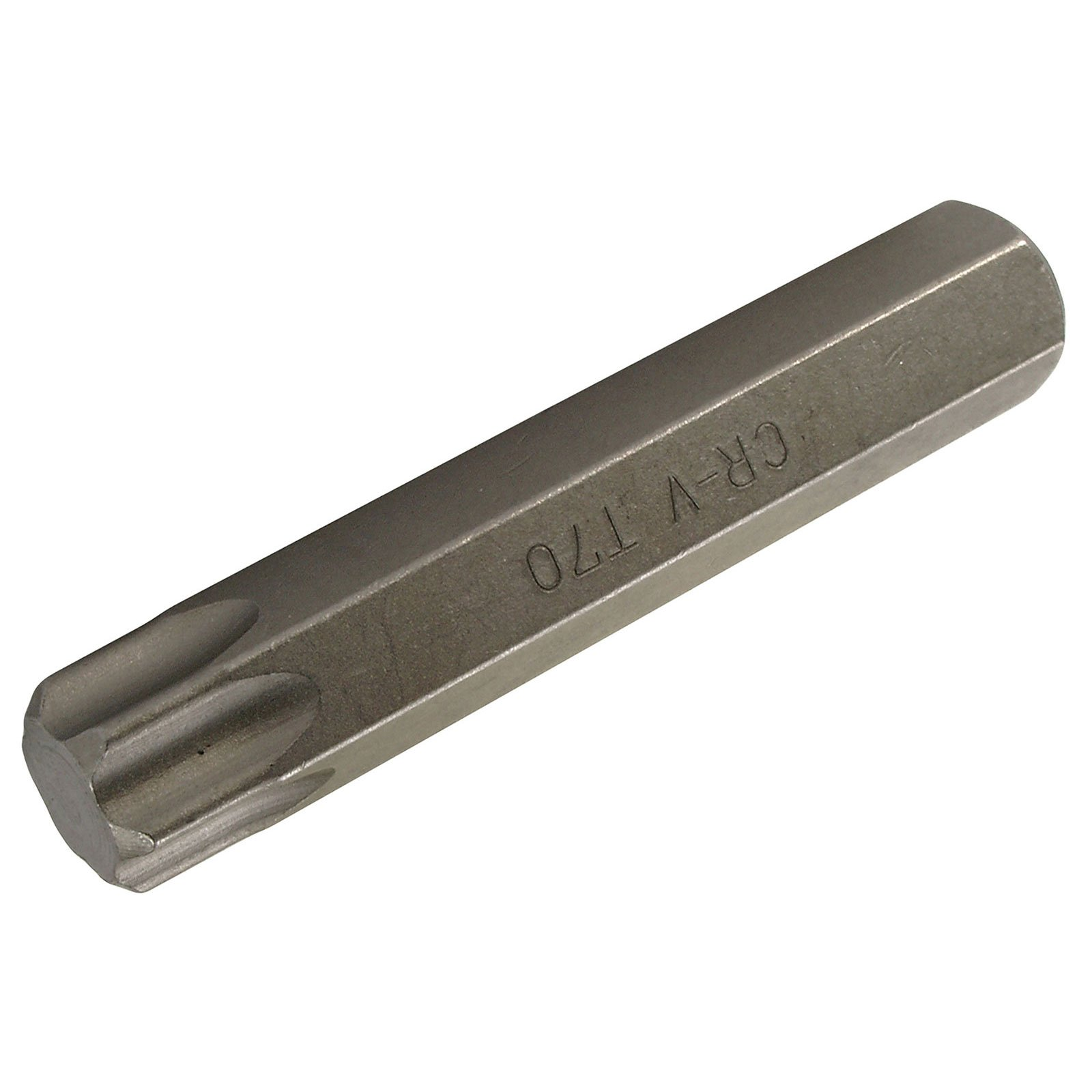Una punta per cacciavite Torx argentata, angolata. La punta è contrassegnata da 'CR-V T70'.