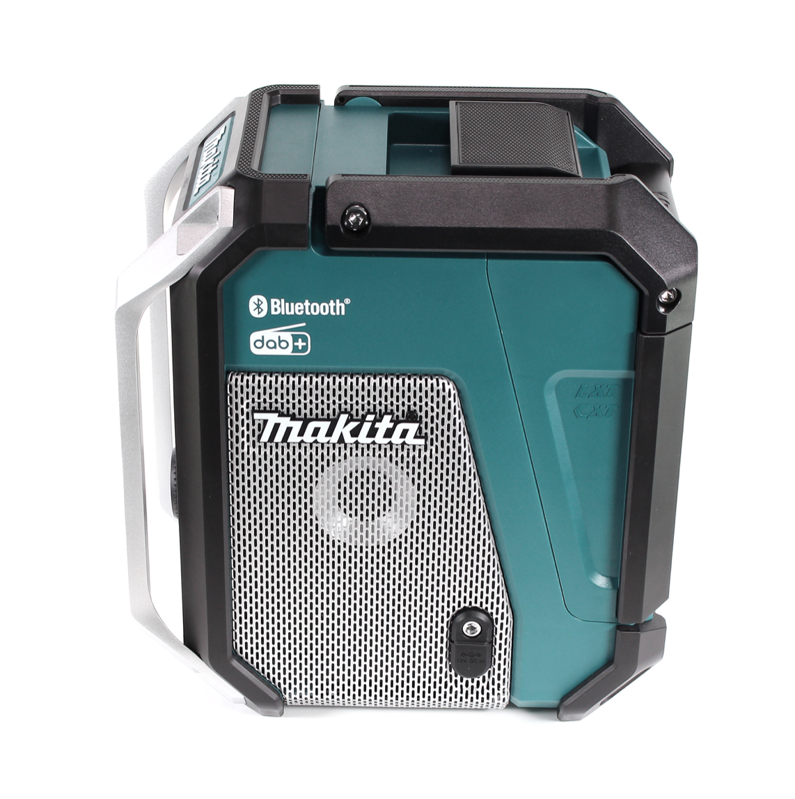 Makita Bluetooth-Radio. Türkis-schwarzes Gehäuse, silberner Griff. Mit 'Makita'-Logo und 'Bluetooth'-Symbol.