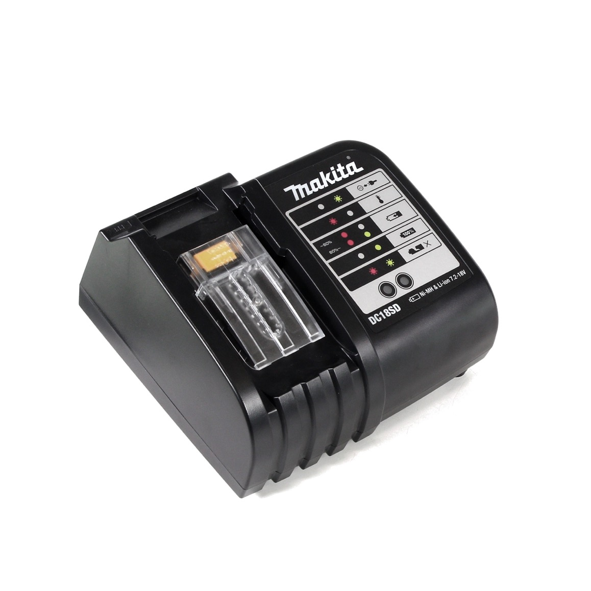 Ein schwarzes Makita DC18SD-Batterieladegerät auf weißem Untergrund. Es hat Kontrollleuchten und einen transparenten Ladeanschluss.