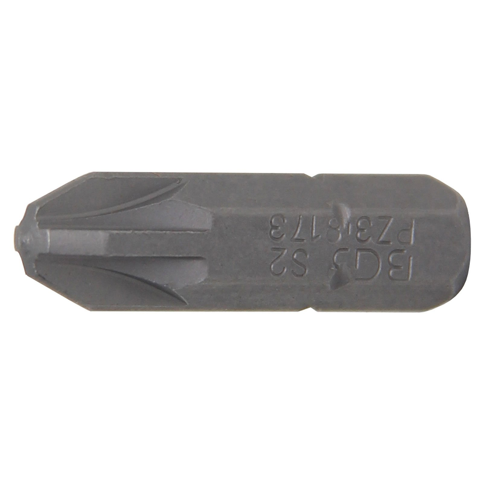 Una punta per cacciavite grigia con testa a croce. Il testo sulla punta dice 'BGS S2 PZ3 8173'.