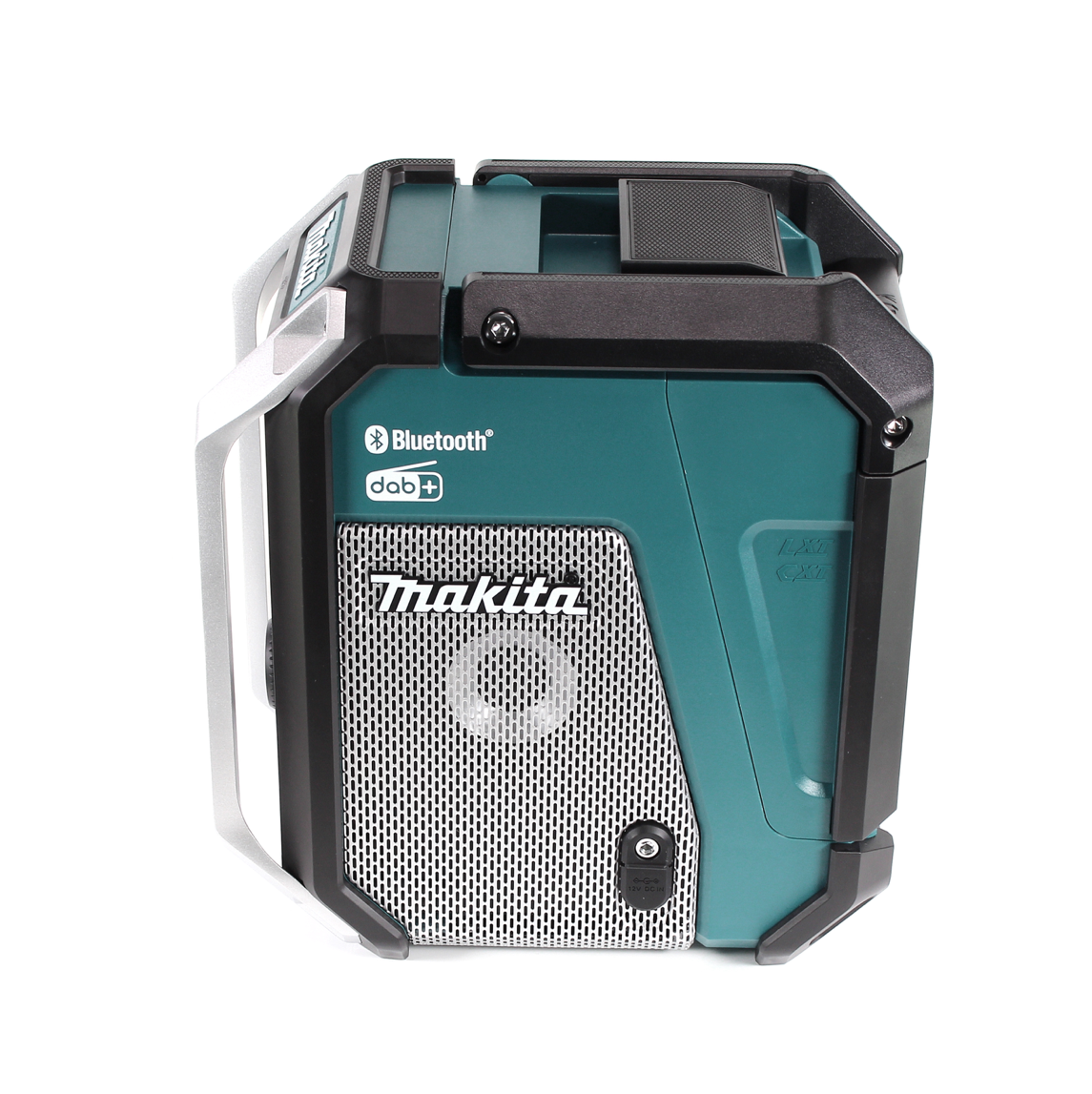 Ein türkisfarbenes und schwarzes Makita Bluetooth-Radio. Es hat ein silbernes Lautsprechergitter, einen silbernen Griff und das Makita-Logo ist sichtbar.