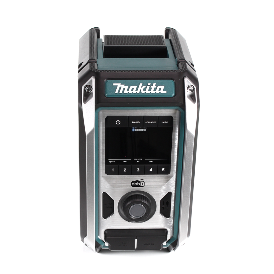 Ein Makita DAB-Radio, schwarz und türkis, vor weißem Hintergrund. Mit Tasten, einem Bildschirm und einem Drehregler.
