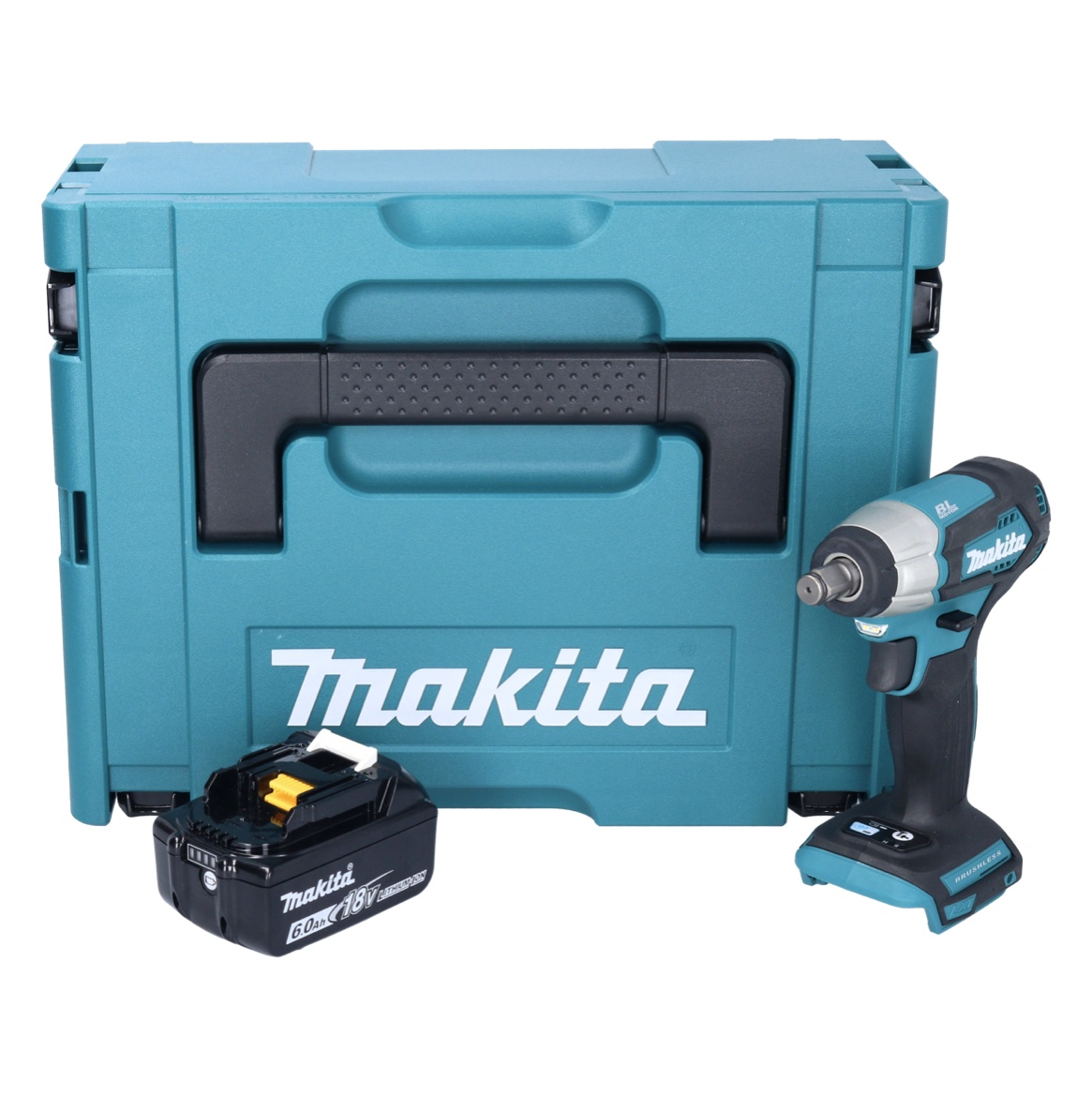 Ein Makita-Werkzeugsatz. Enthält einen tealfarbenen Koffer, einen Schlagschrauber und einen Akku. Der Koffer und der Treiber haben schwarze Akzente, alles vor weißem Hintergrund.