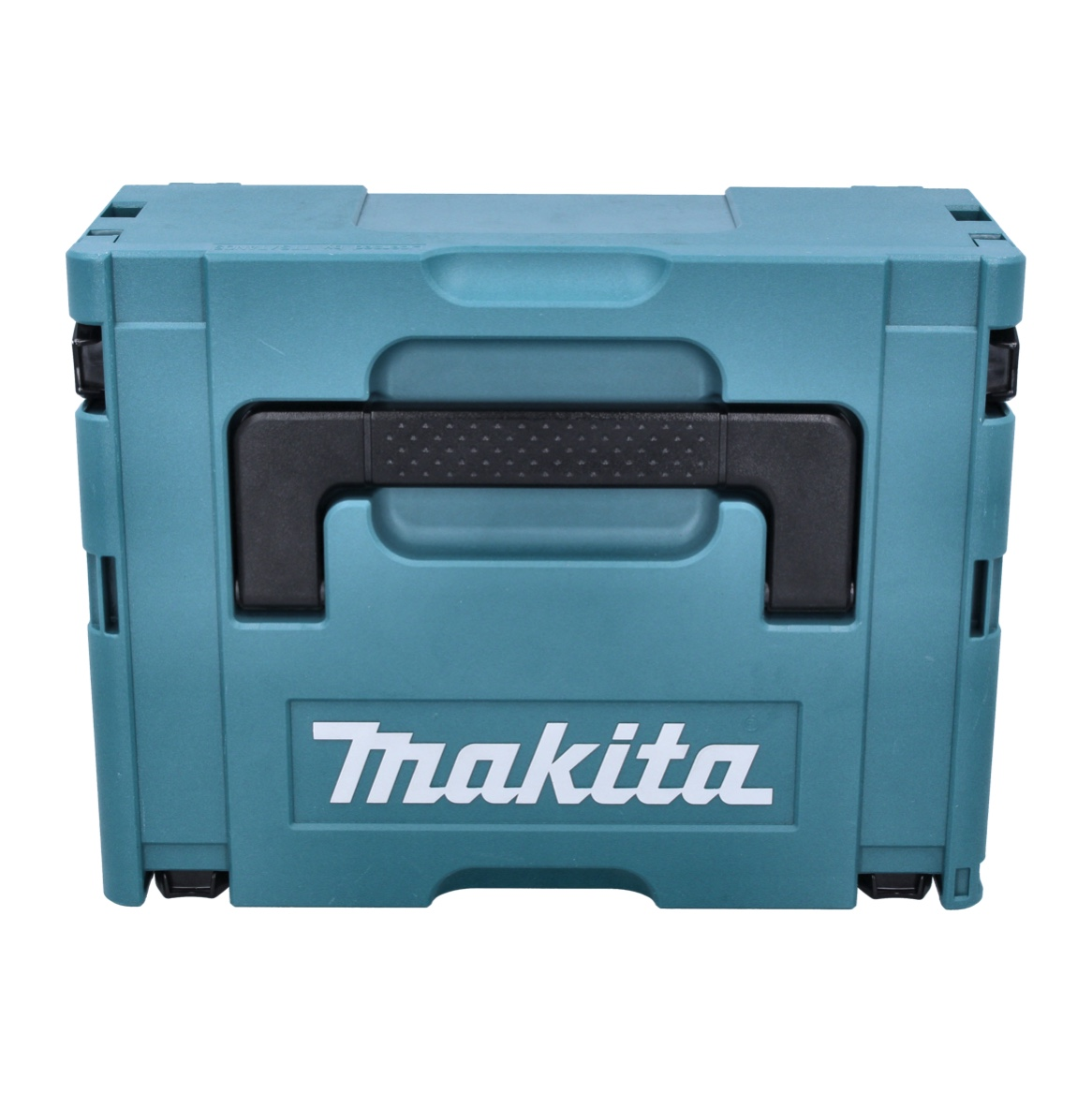 Eine türkisblaue Makita-Werkzeugkiste mit schwarzem Griff. Das Makita-Logo ist vorne zu sehen.