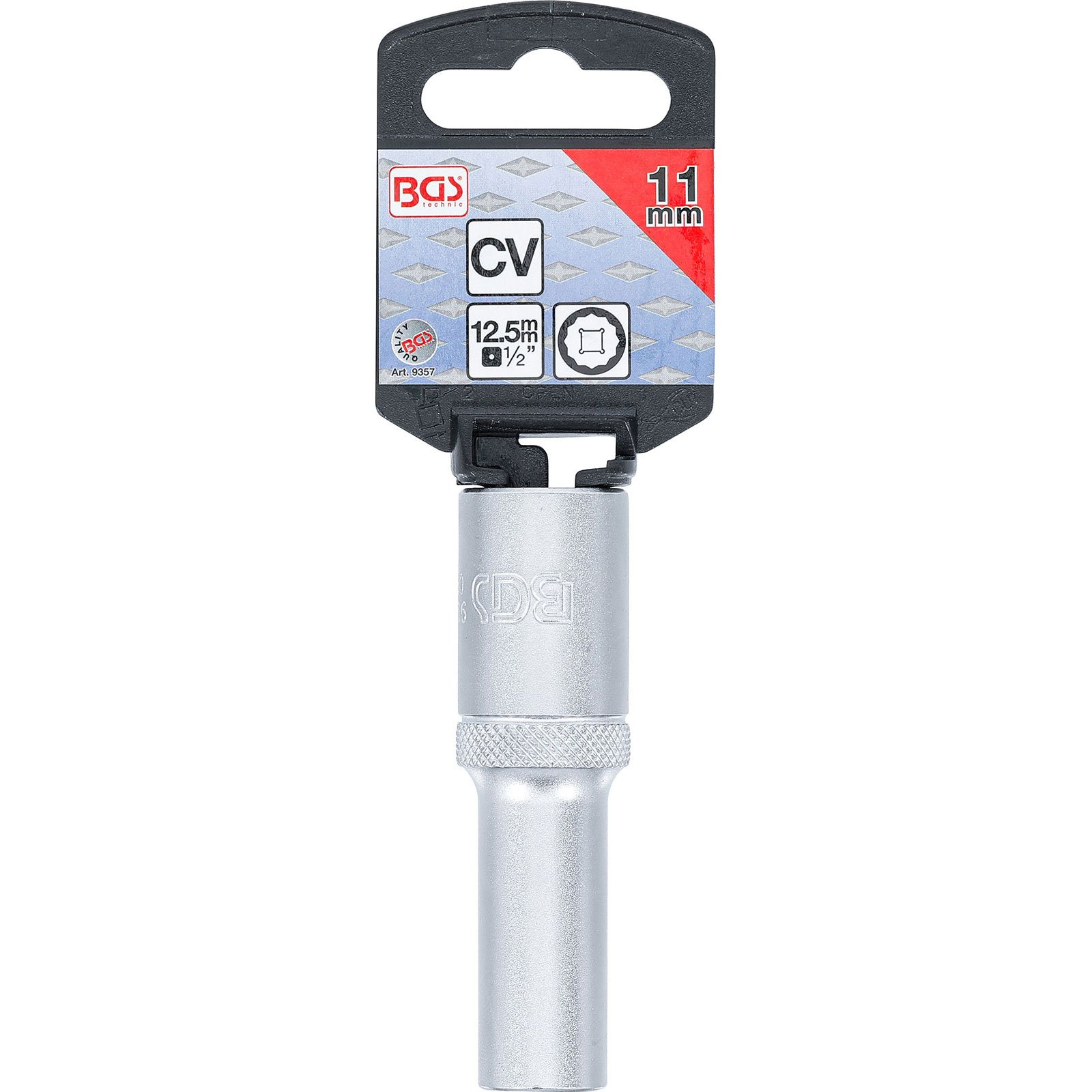 Ein silberner Steckschlüssel. Ein schwarzer Aufhänger mit Produktinformationen ist angebracht. Das Etikett zeigt Spezifikationen: 11mm, CV, 12,5mm 1/2'.