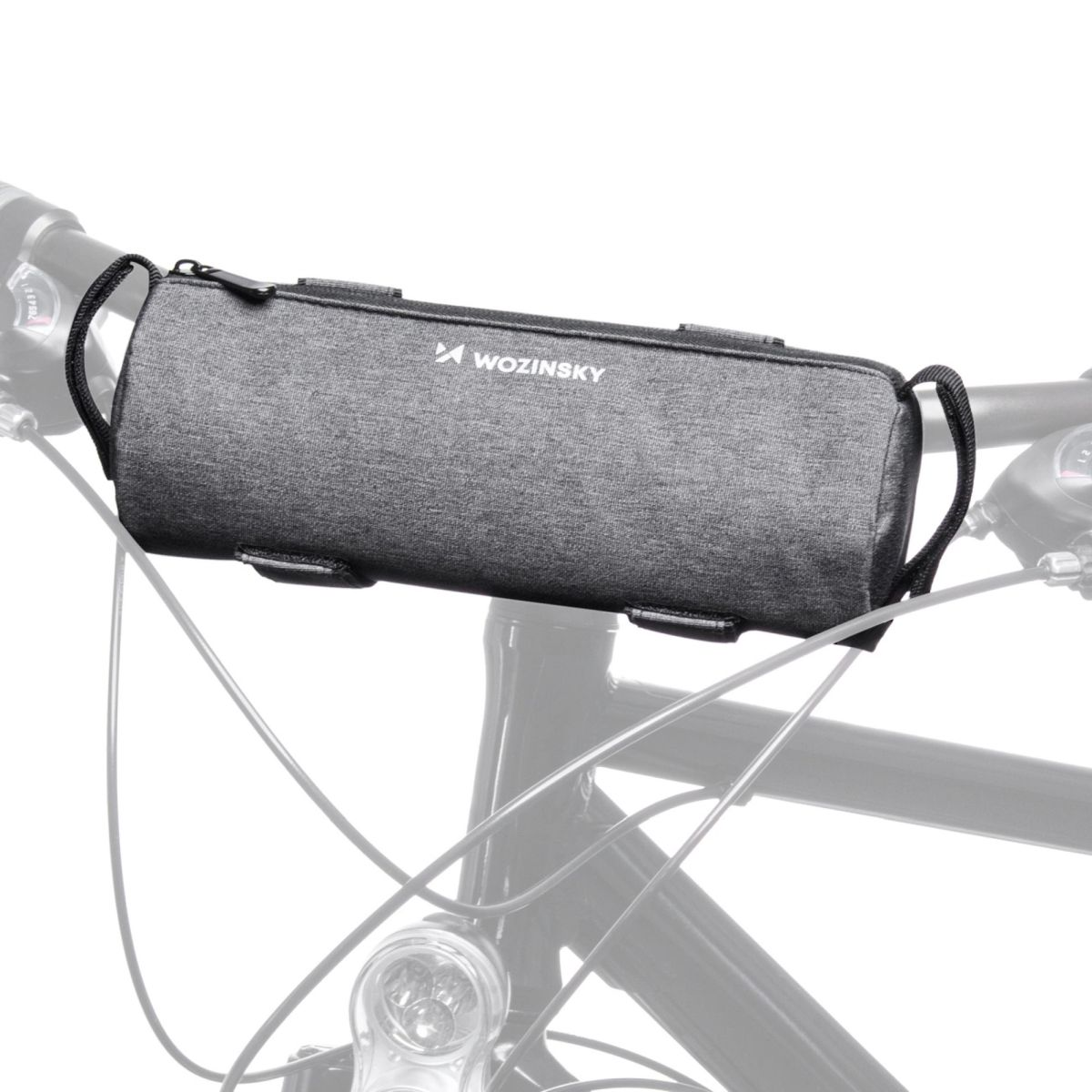 Eine graue Wozinsky-Fahrradtasche ist am Lenker befestigt. Sie hat einen Reißverschluss, Riemen und ein Logo. Der Fahrradrahmen und die Kabel sind sichtbar.