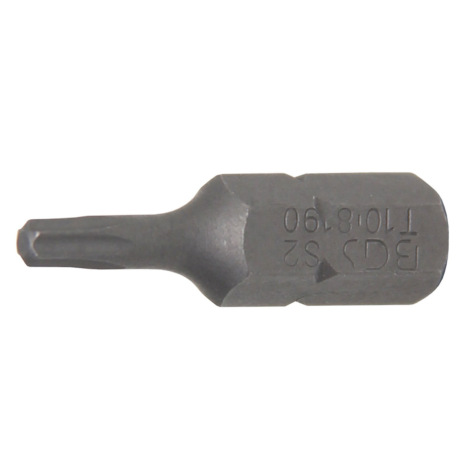 Una punta torx in metallo grigio su sfondo bianco. La punta ha le marcature: BGS S2 T10.8190.